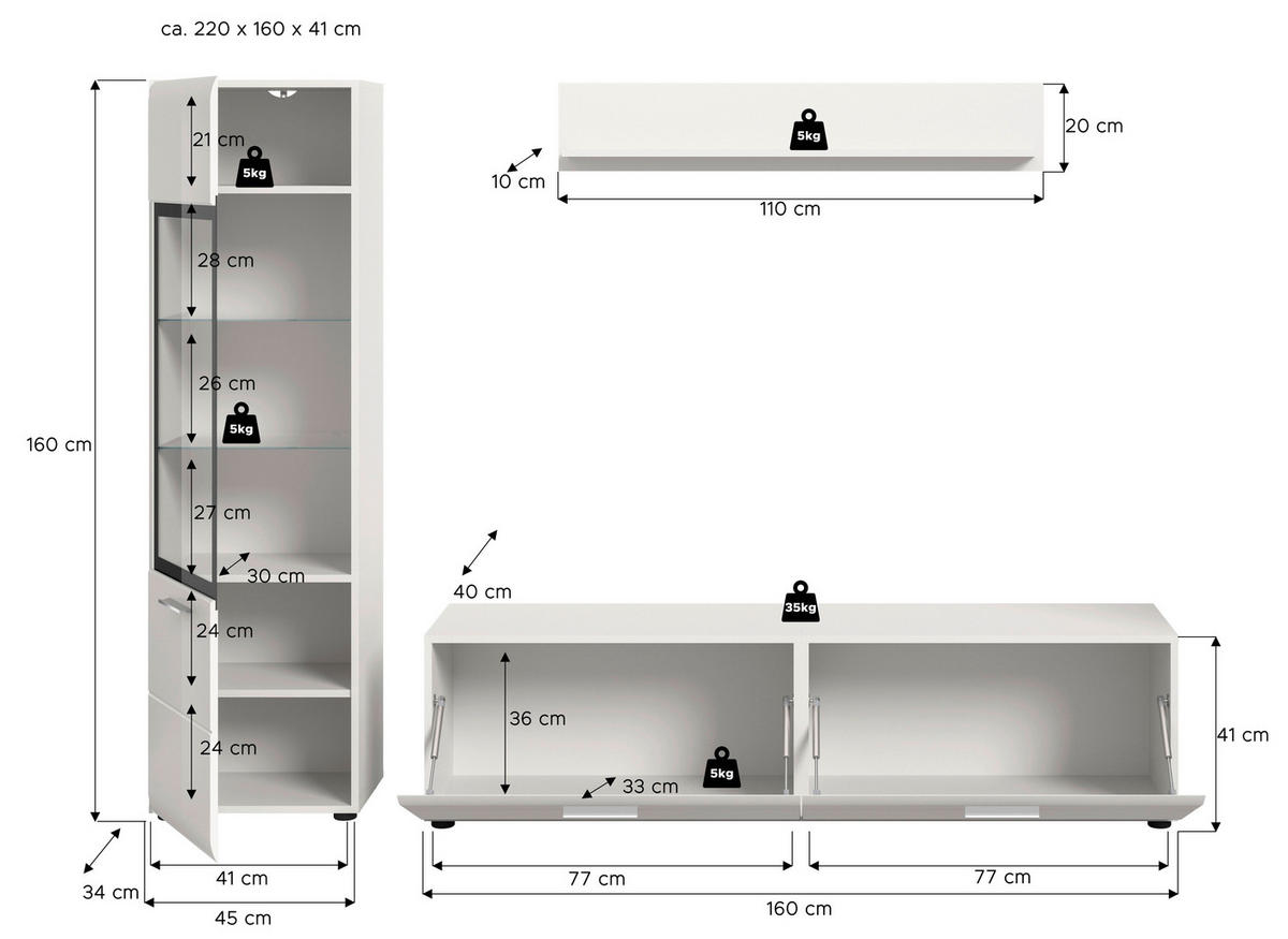 REGAL ZA DNEVNI BORAVAK bijela, bijela visoki sjaj   - bijela/srebrne boje, Design, staklo/drvni materijal (220/160/41cm) - Livetastic