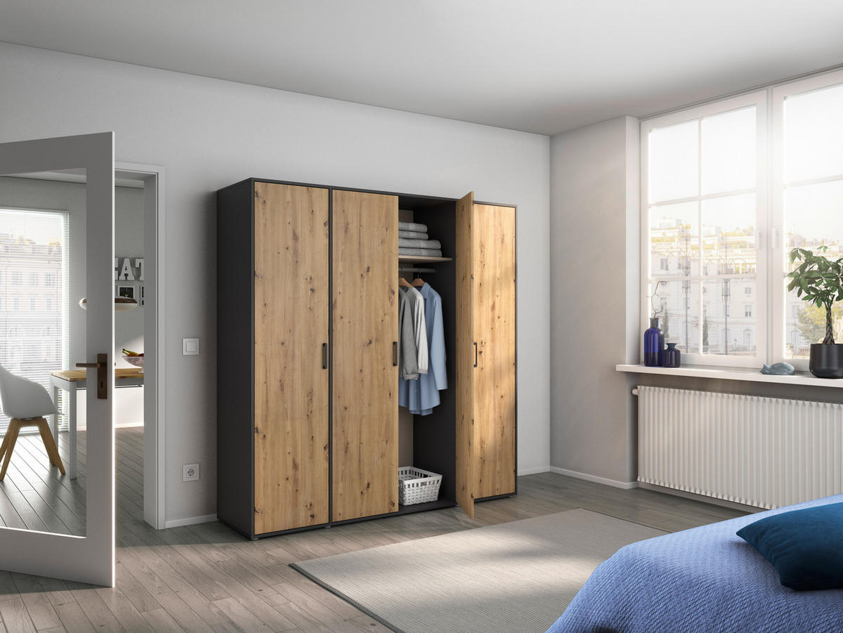 DREHTÜRENSCHRANK in Grau, Eiche Artisan  - Eiche Artisan/Grau, Modern, Holzwerkstoff/Kunststoff (187/194/53cm) - Rauch Möbel