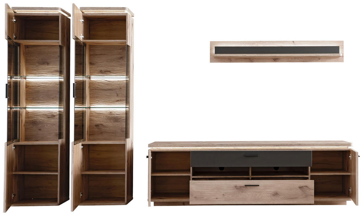 WOHNWAND  in Anthrazit, Eiche dunkel  330/208/50 cm  - Eiche dunkel/Anthrazit, KONVENTIONELL, Glas/Holzwerkstoff (330/208/50cm) - Cantus