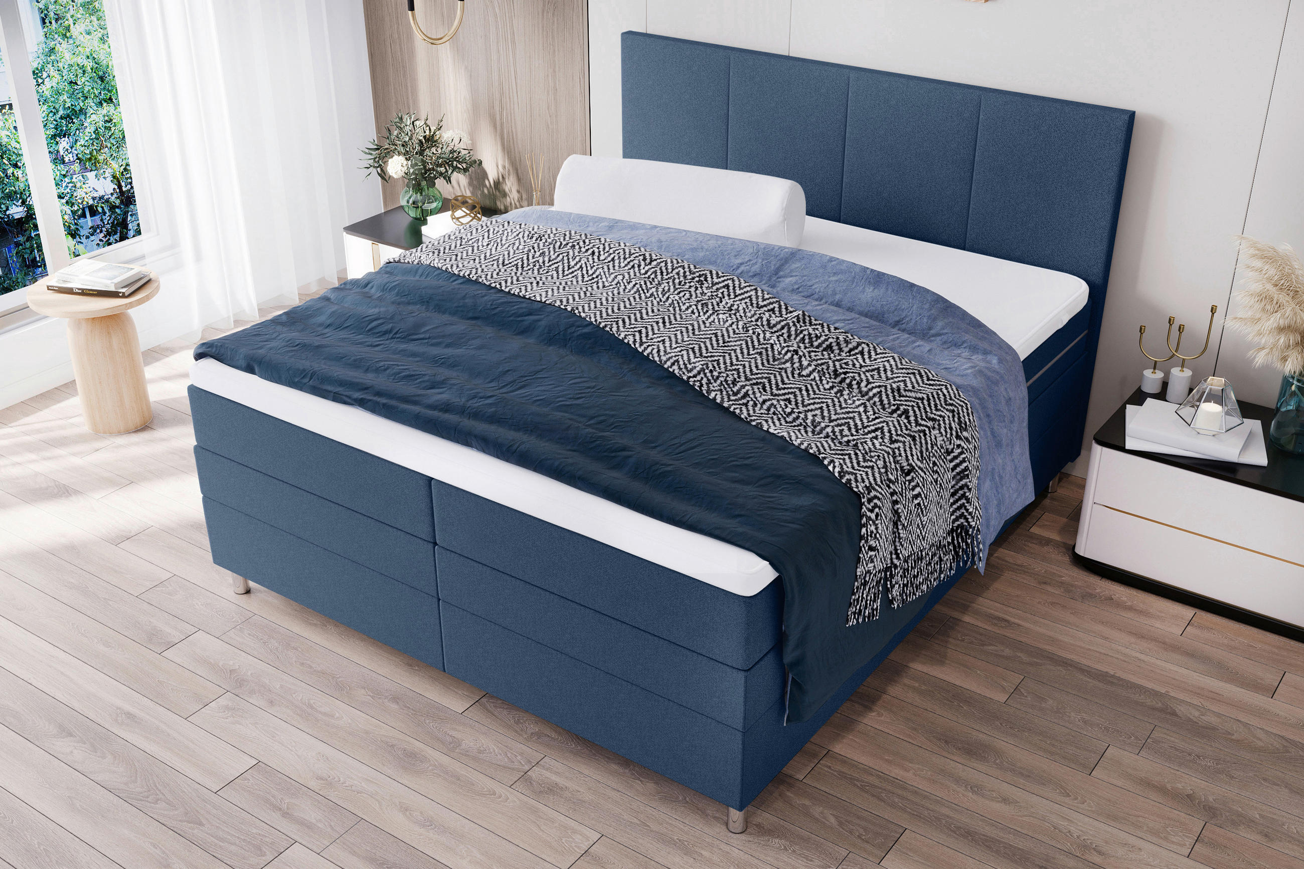BOXSPRINGBETT 160/200 cm  in Blau  - Chromfarben/Blau, KONVENTIONELL, Kunststoff/Textil (160/200cm) - Boxxx