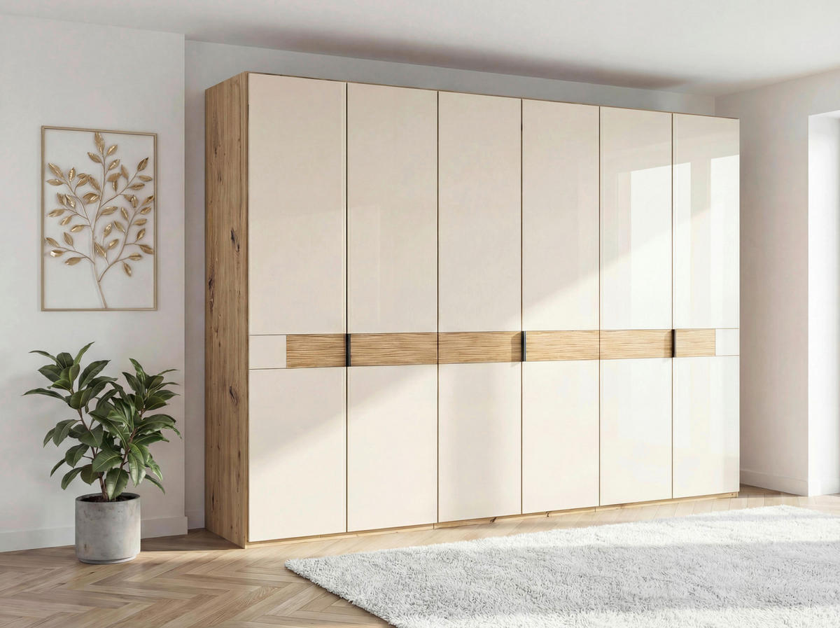 DREHTÜRENSCHRANK 300/216/58 cm,  in Champagner, Eiche Bianco, 6 Tür(en)  - Schieferfarben/Eiche Bianco, Design, Glas/Holz (300/216/58cm) - Musterring