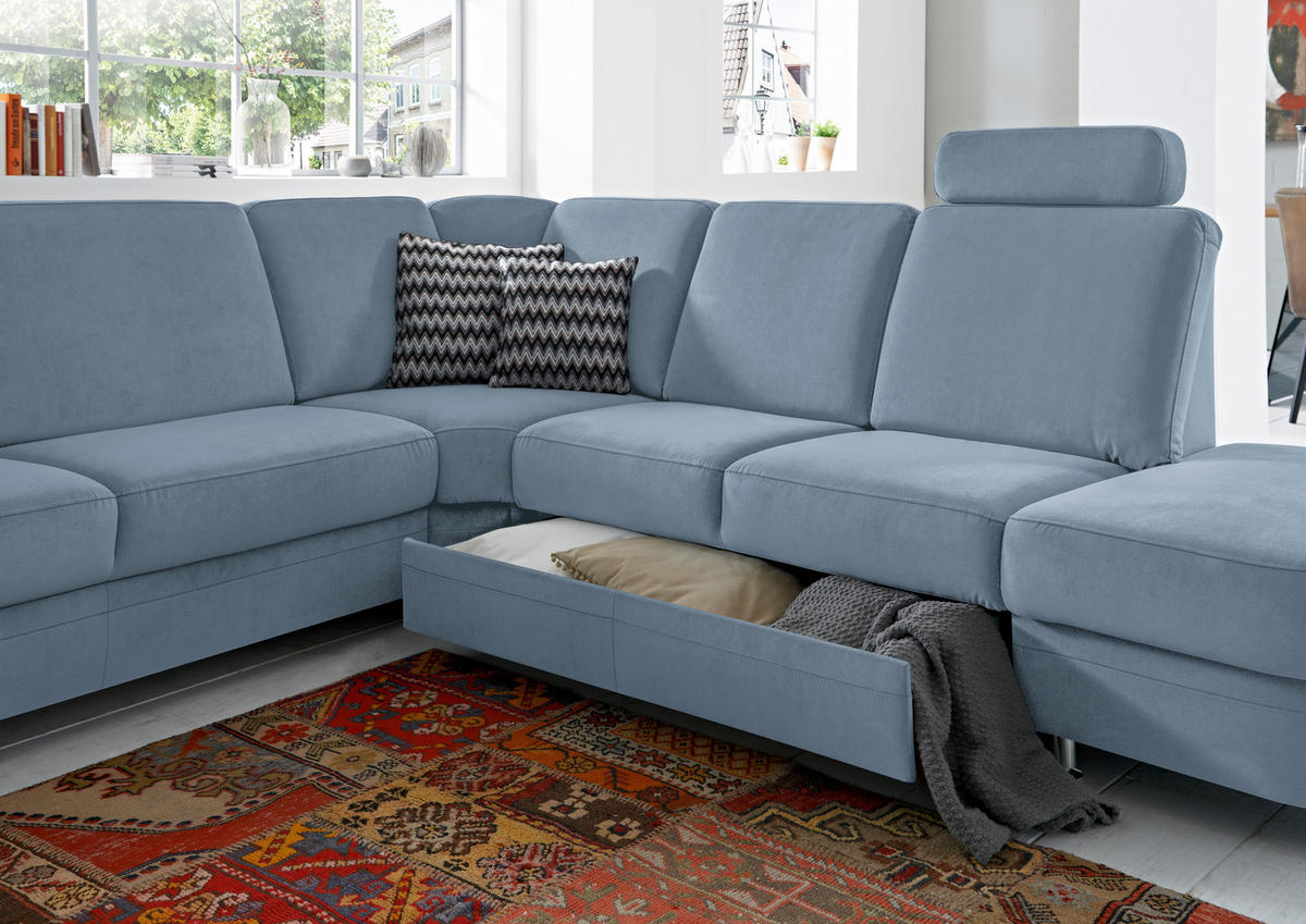 ECKSOFA in Flachgewebe Blau  - Blau/Alufarben, Konventionell, Textil/Metall (269/287cm) - Beldomo System