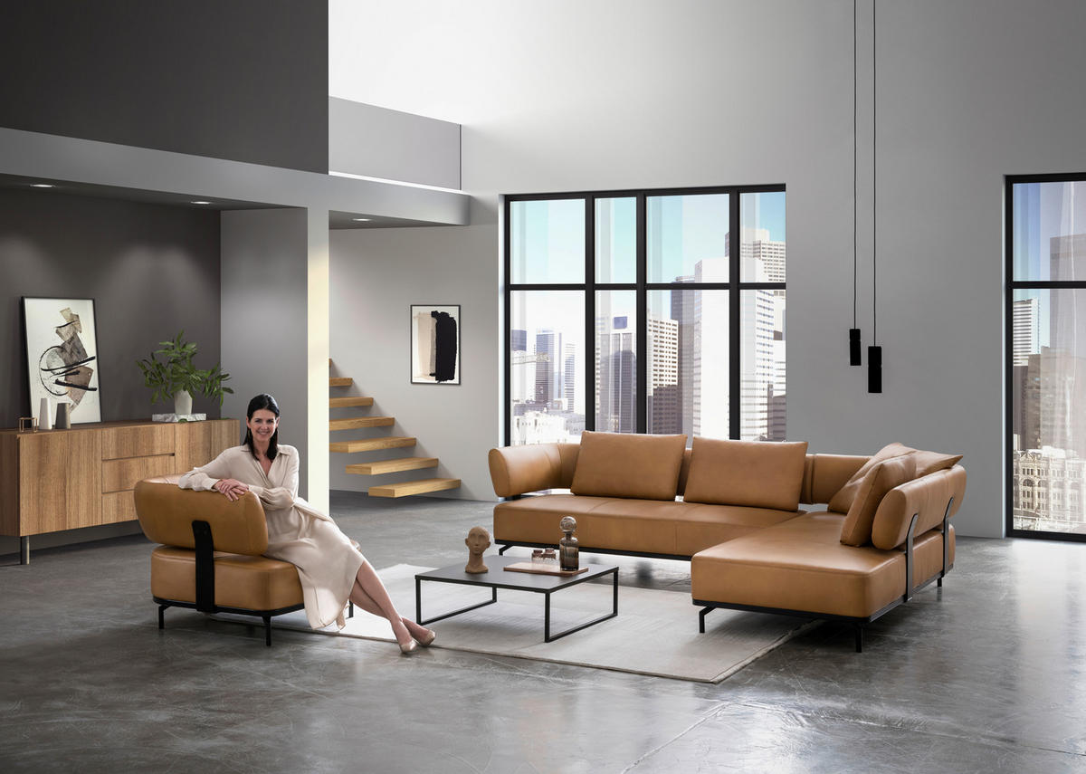 ECKSOFA in Echtleder Dunkelgelb  - Dunkelgelb/Schwarz, Design, Leder/Metall (302/237cm) - Dieter Knoll