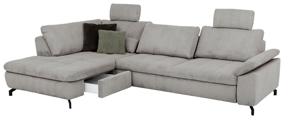 ECKSOFA in Cord, Velours Grau  - Schwarz/Grau, Design, Textil/Metall (197/291cm) - Beldomo Style