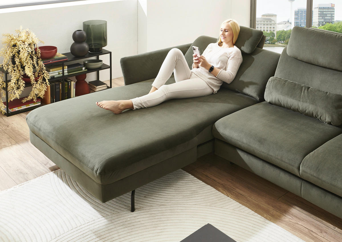 ECKSOFA in Velours Olivgrün  - Schwarz/Olivgrün, Design, Textil/Metall (179/306cm) - Beldomo System