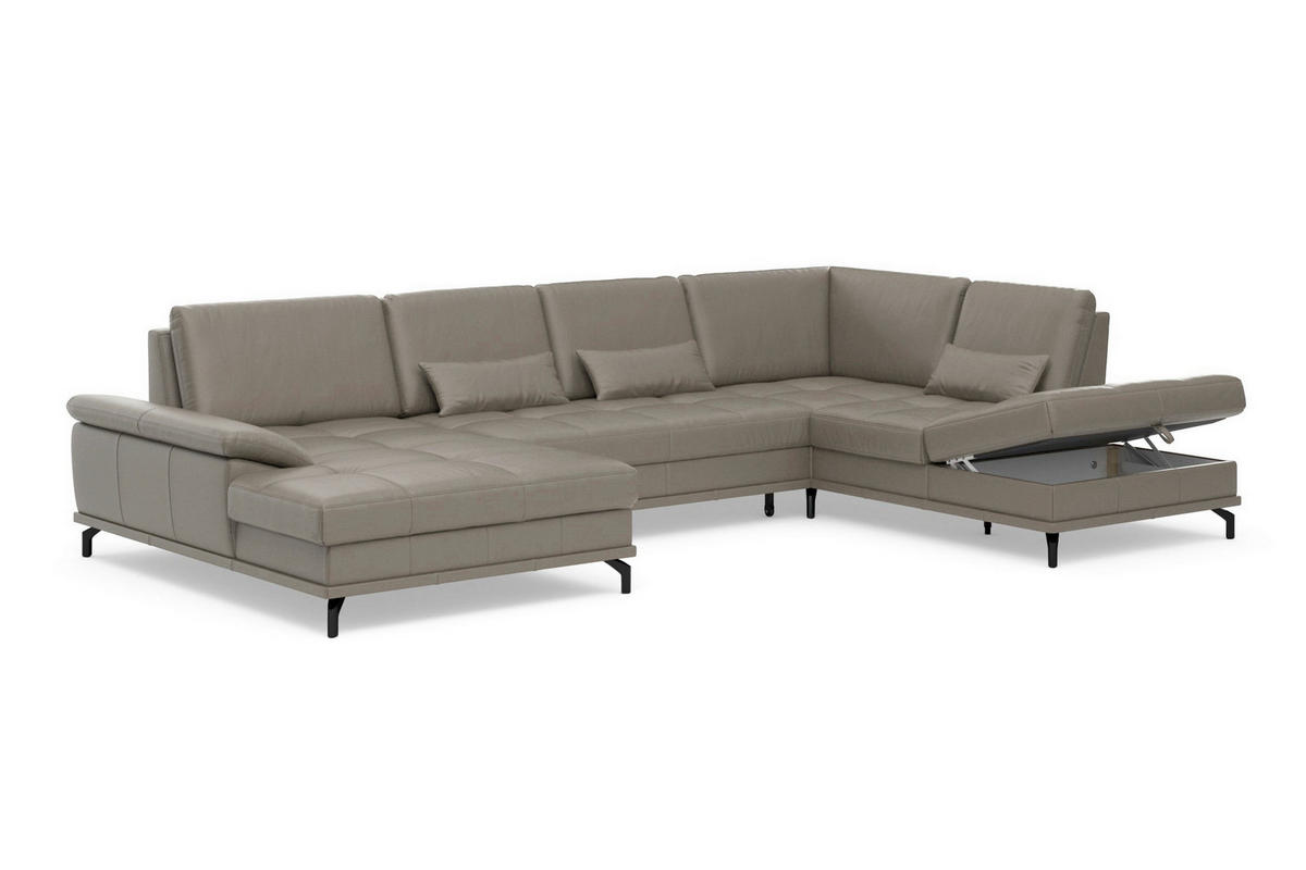 WOHNLANDSCHAFT COSTELLO E Grau Kombination Echtleder/Stoff Mikrofaser  - Schwarz/Grau, Basics, Leder/Textil (176/363/223cm) - Sit & More
