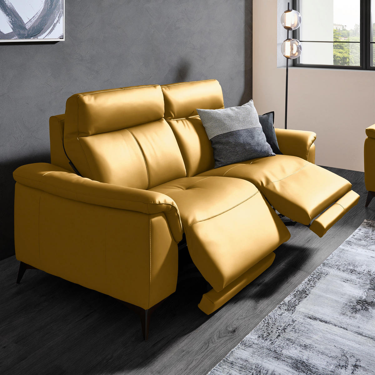 3-SITZER-SOFA Echtleder Currygelb  - Currygelb/Schwarz, Design, Leder/Metall (207/107/98cm) - Belluti