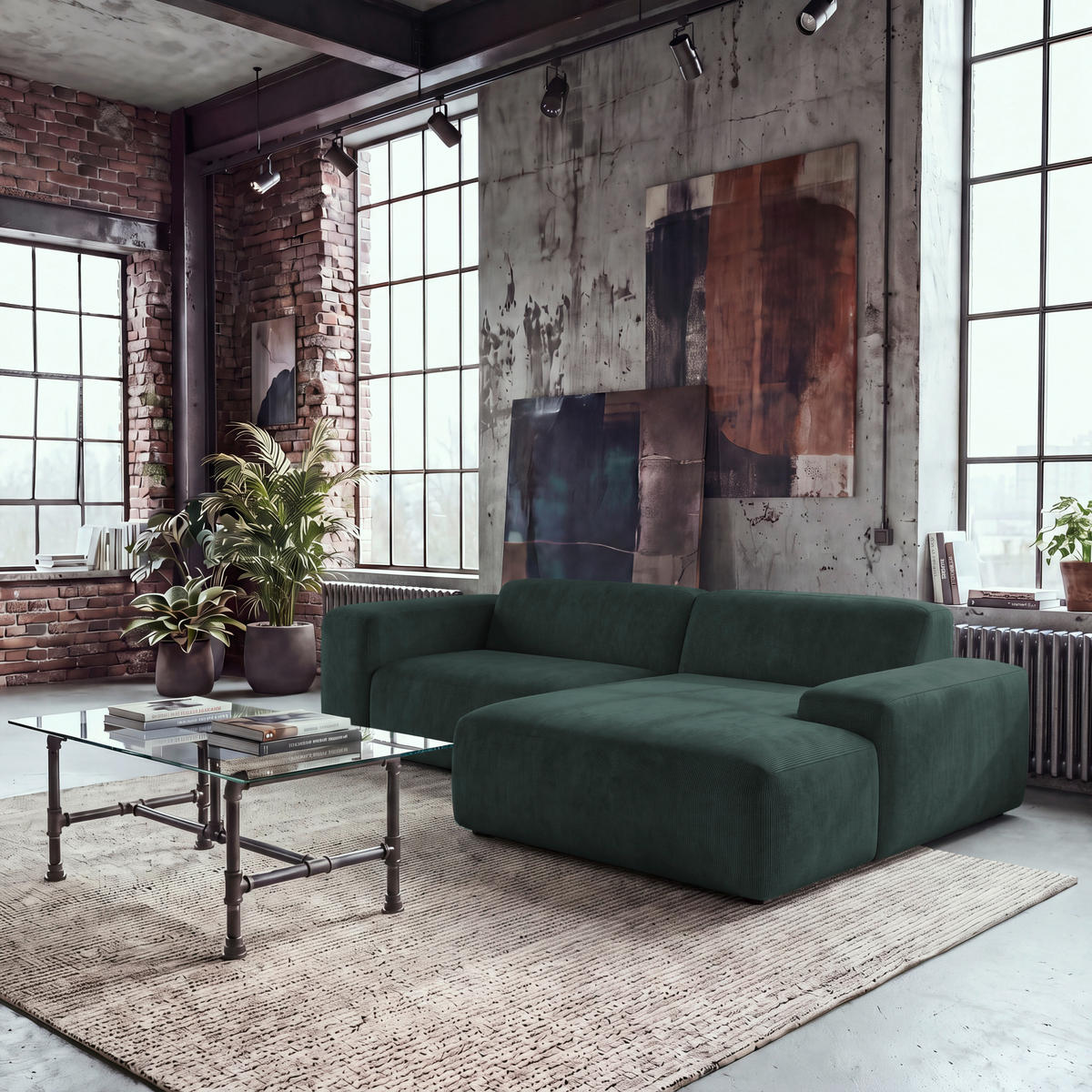 ECKSOFA HANNAH Grün Cord  - Schwarz/Grün, Design, Kunststoff/Textil (252/170cm) - MID.YOU