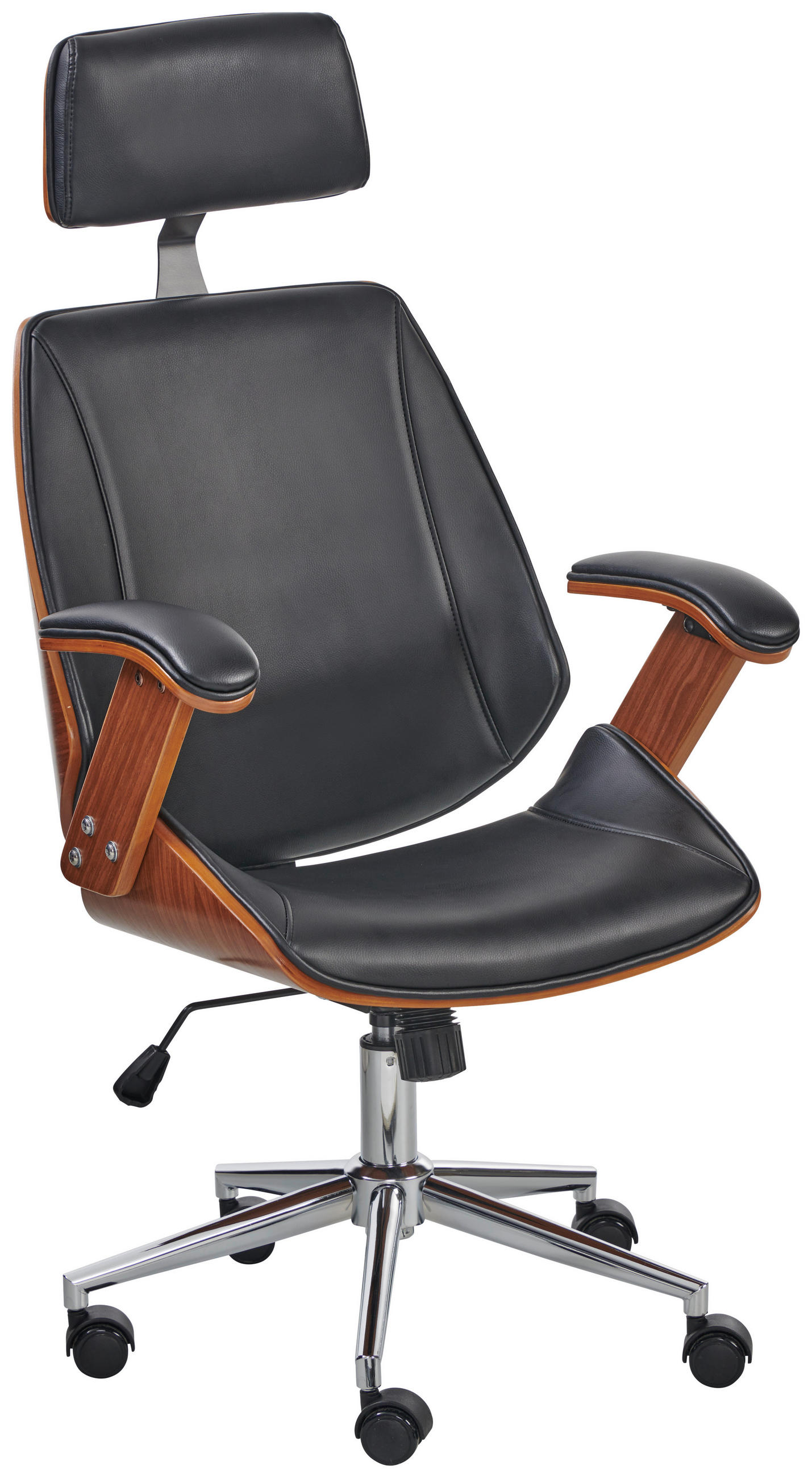 CHEFSESSEL Lederlook Schwarz, Chromfarben, Walnussfarben  - Chromfarben/Walnussfarben, MODERN, Holz/Kunststoff (66/113-121/71cm) - Livetastic