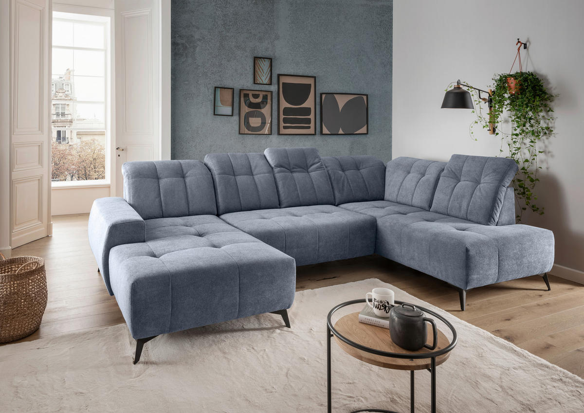 WOHNLANDSCHAFT SANO Hellblau Chenille  - Schwarz/Hellblau, MODERN, Textil/Metall (200/337/180cm) - Livetastic