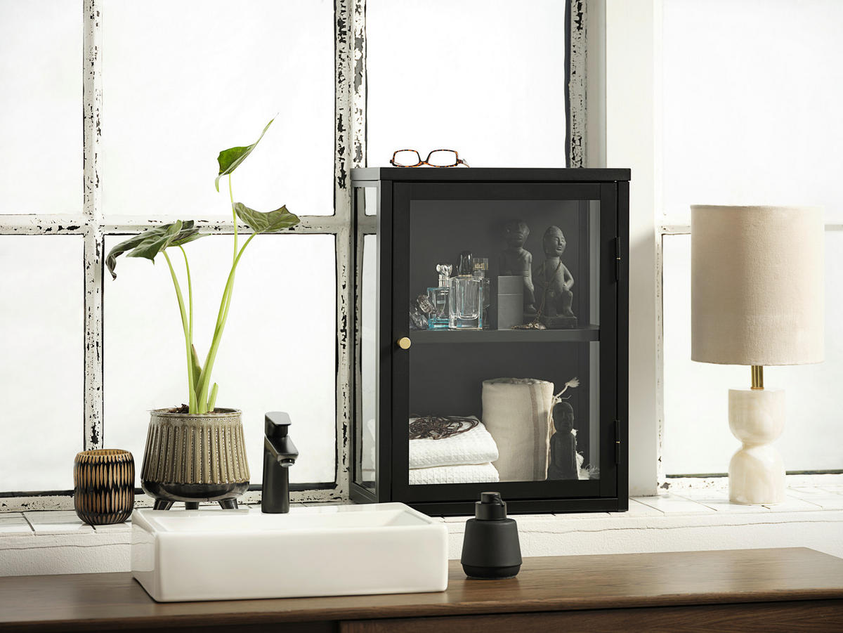 VÄGGHÄNGT VITRINSKÅP svart  45/60/25 cm  - svart/guldfärgad, Trend, metall/glas (45/60/25cm) - Xora