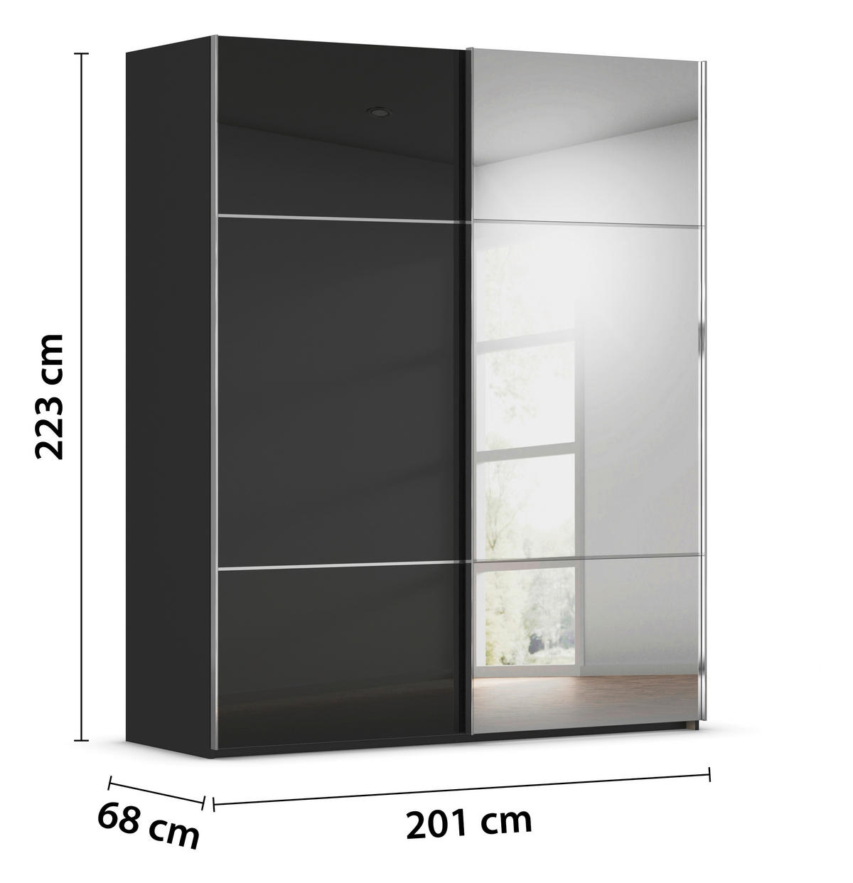 SCHWEBETÜRENSCHRANK in Schwarz  - Chromfarben/Schwarz, Konventionell, Glas/Holzwerkstoff (201/223/68cm) - Novel