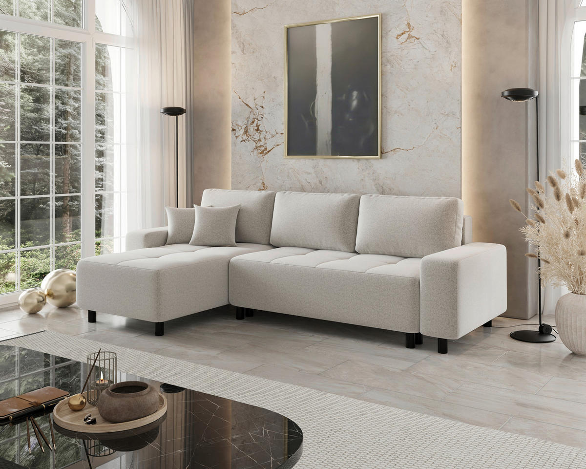 ECKSOFA Elfenbein Jacquard Zierkissen, Rückenkissen, Bettkasten, Schlaffunktion, Rücken echt, Liegefläche im Originalstoff  - Elfenbein/Schwarz, MODERN, Kunststoff/Textil (144/246cm) - Carryhome