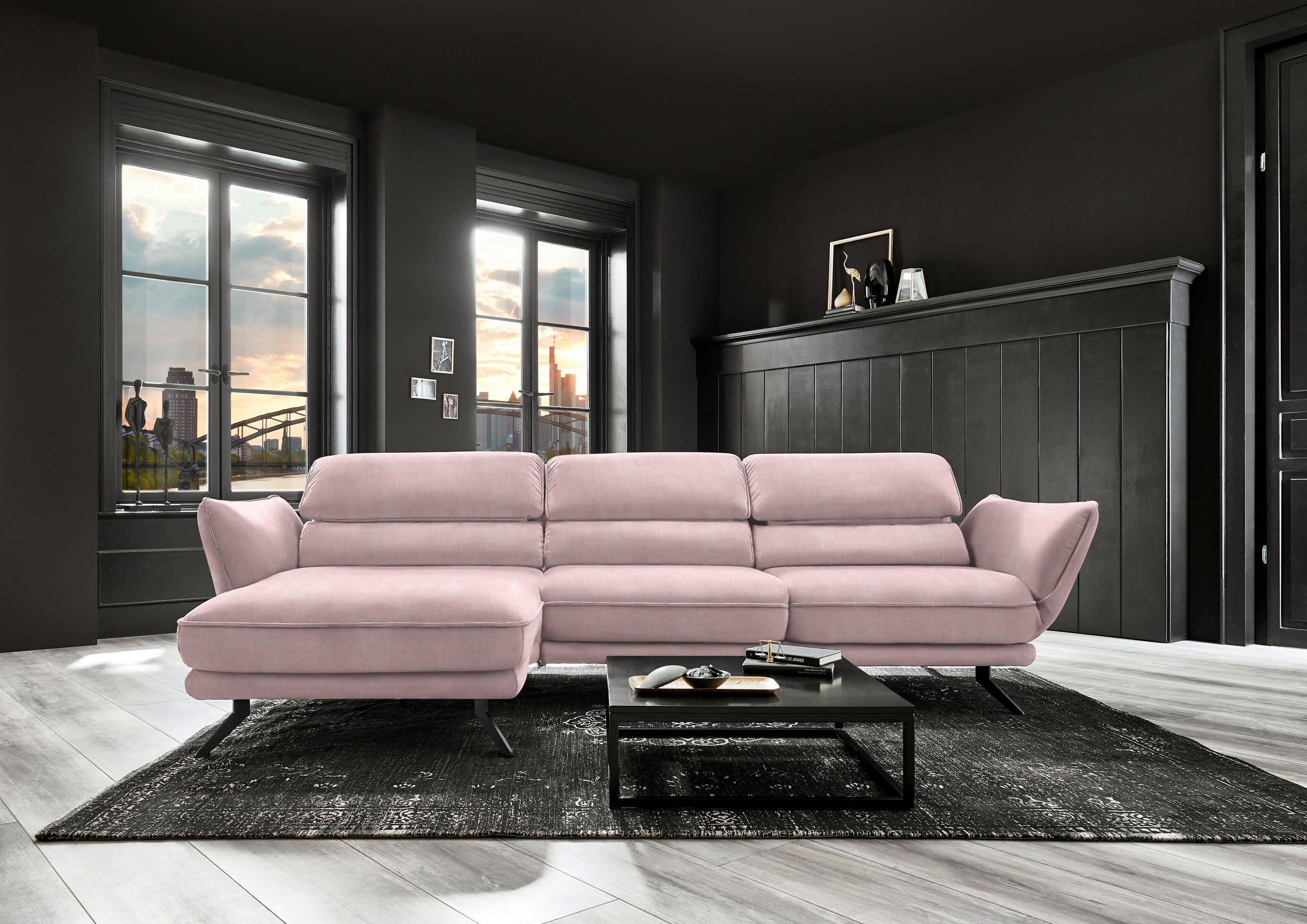 ECKSOFA in Velours Hellrosa  - Hellrosa/Schwarz, Design, Textil/Metall (153/283cm) - Valdera