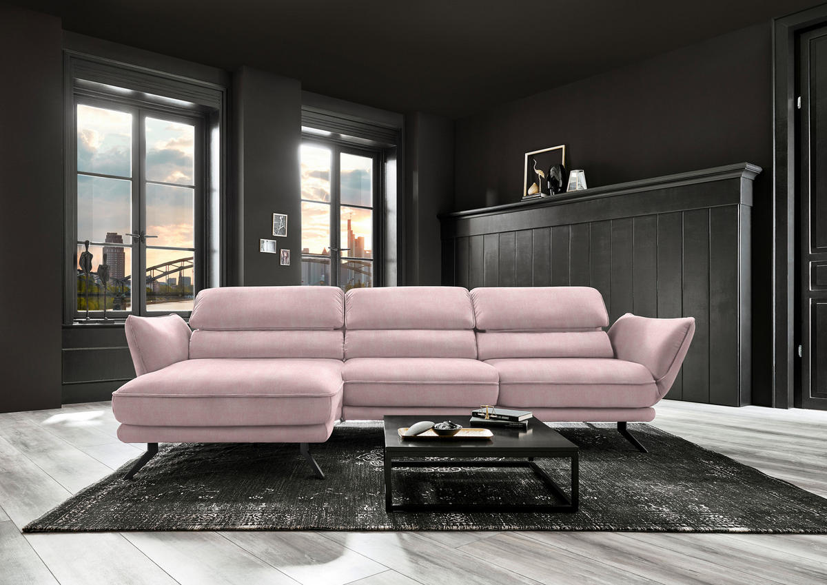 ECKSOFA in Velours Hellrosa  - Hellrosa/Schwarz, Design, Textil/Metall (153/283cm) - Valdera