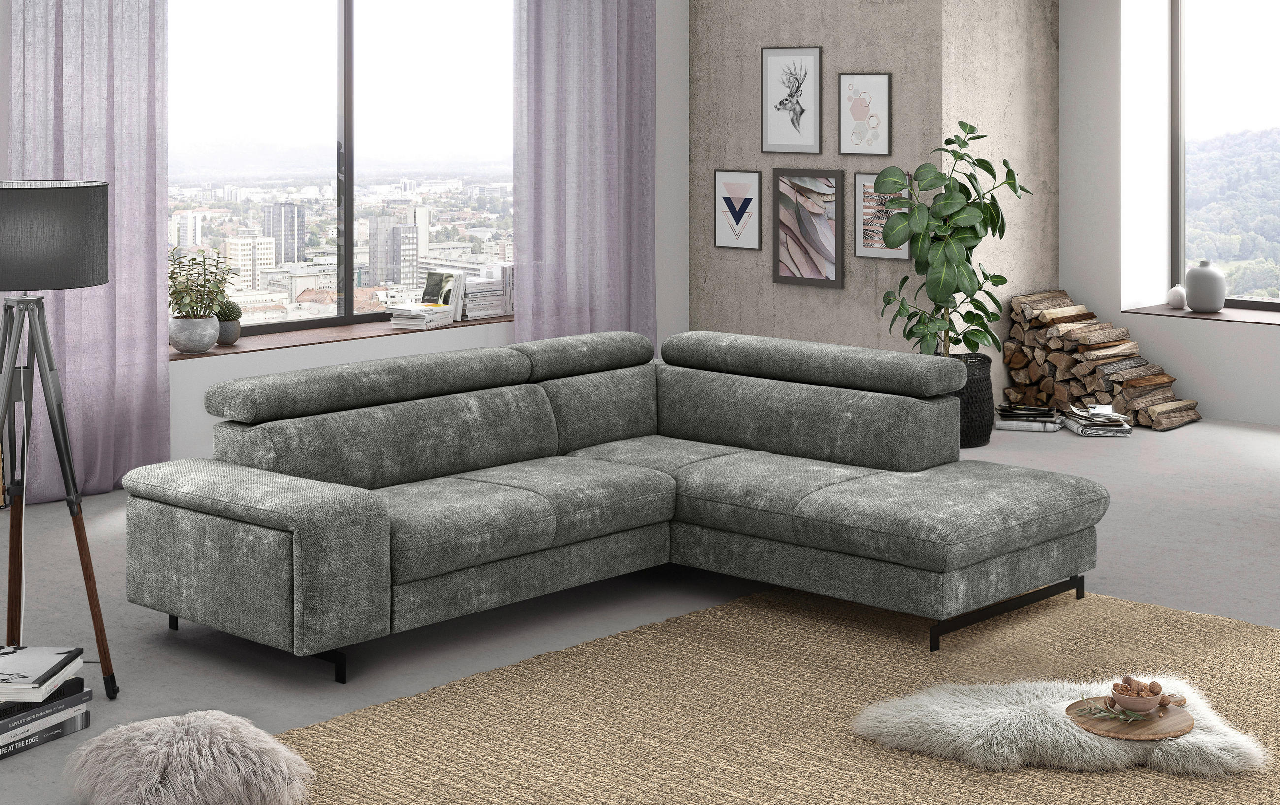 ECKSOFA in Chenille Grau  - Schwarz/Grau, Textil/Metall (262/215cm) - MID.YOU