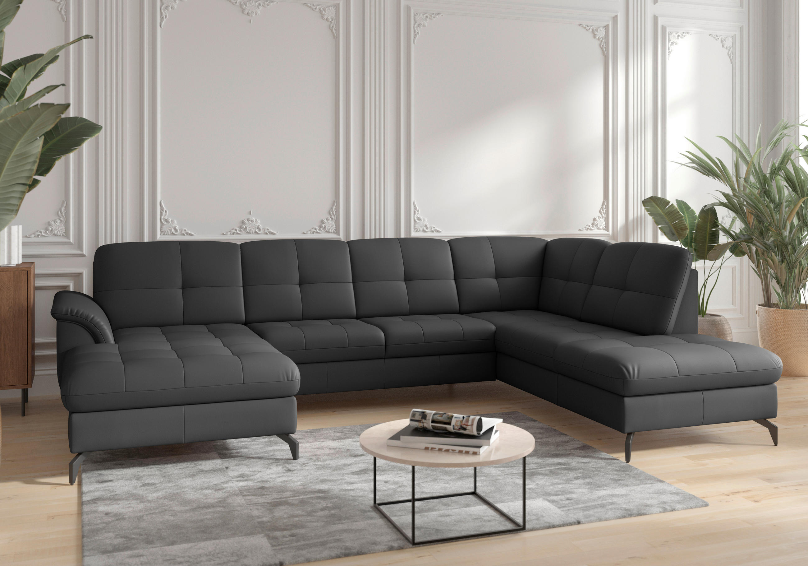 WOHNLANDSCHAFT in Vliesstoff Kombination Echtleder/Stoff Schwarz  - Schwarz, MODERN, Leder/Textil (164/319/212cm) - Sit & More