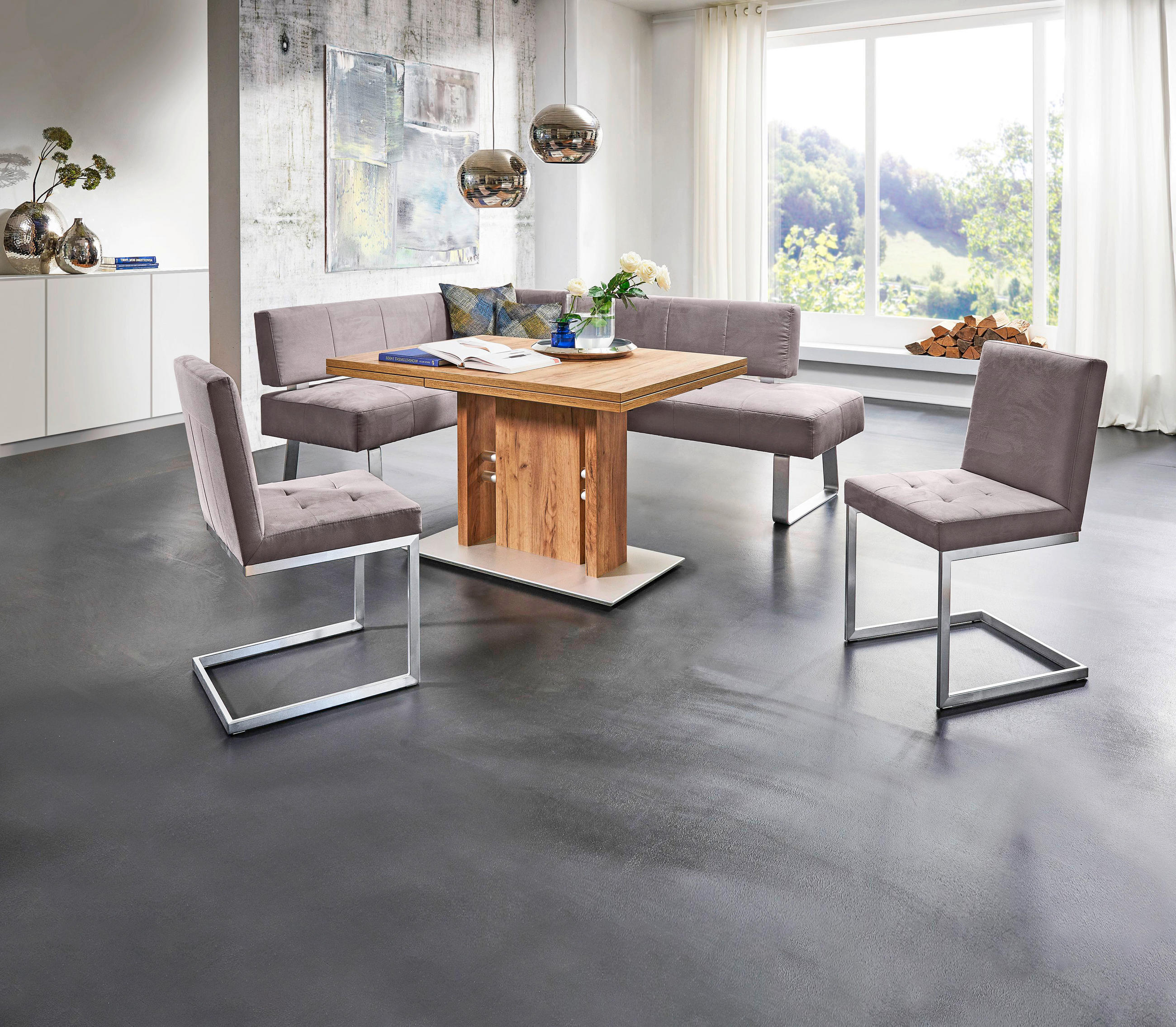 SCHWINGSTUHL  in Stahl Mikrofaser  - Sandfarben/Edelstahlfarben, Design, Textil/Metall (45/91/58cm) - Moderano