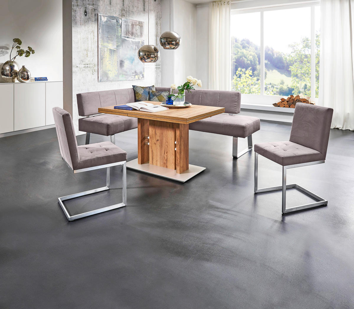 SCHWINGSTUHL  in Stahl Mikrofaser  - Sandfarben/Edelstahlfarben, Design, Textil/Metall (45/91/58cm) - Moderano