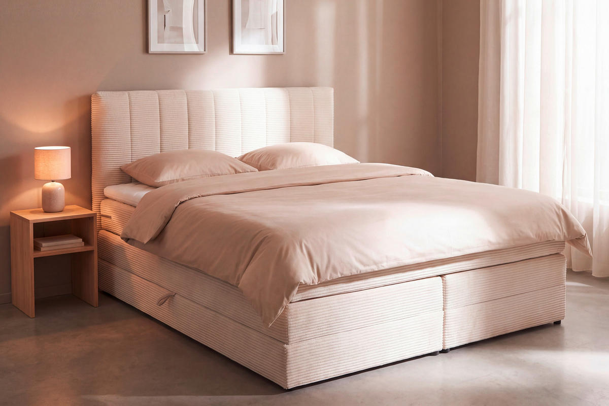 BOXSPRINGBETT 180/200 cm,  in Beige, gepolstertes Kopfteil, Bettkasten, Topper, Matratzen, H2 + H2 = mittel  - Beige/Schwarz, Basics, Kunststoff/Textil (180/200cm) - Boxxx