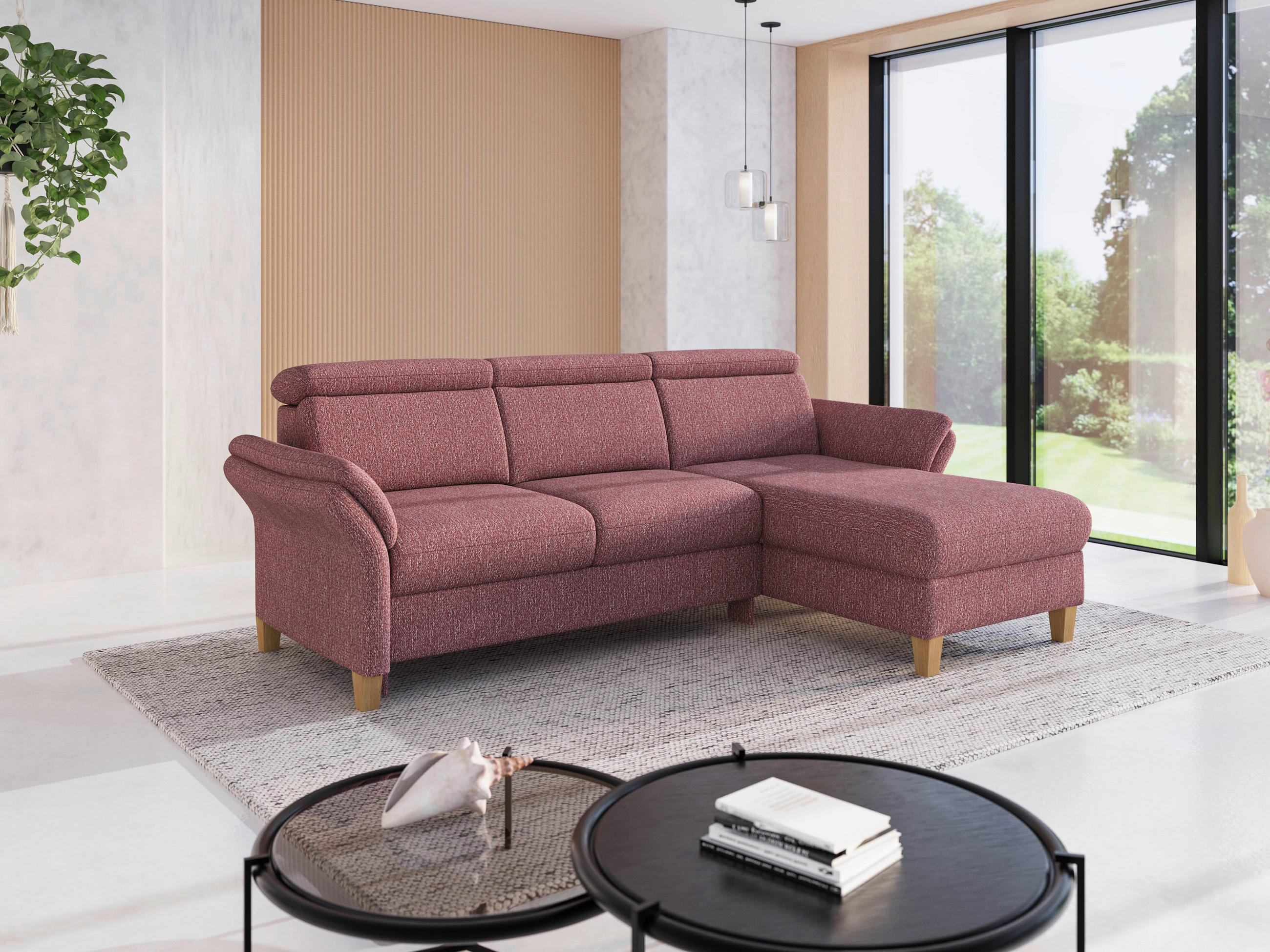 ECKSOFA GLENDALE E Aubergine Chenille  - Eichefarben/Aubergine, KONVENTIONELL, Holz/Textil (253/166cm) - Sit & More