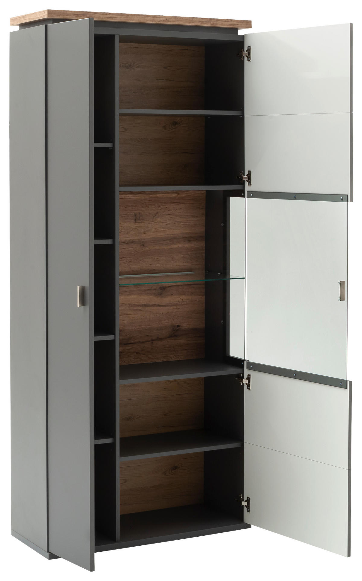 VITRINE Neapel Grau, Eiche Wotan  90/208/37 cm  - Eiche Wotan/Grau, Design, Glas/Holzwerkstoff (90/208/37cm) - Stylife