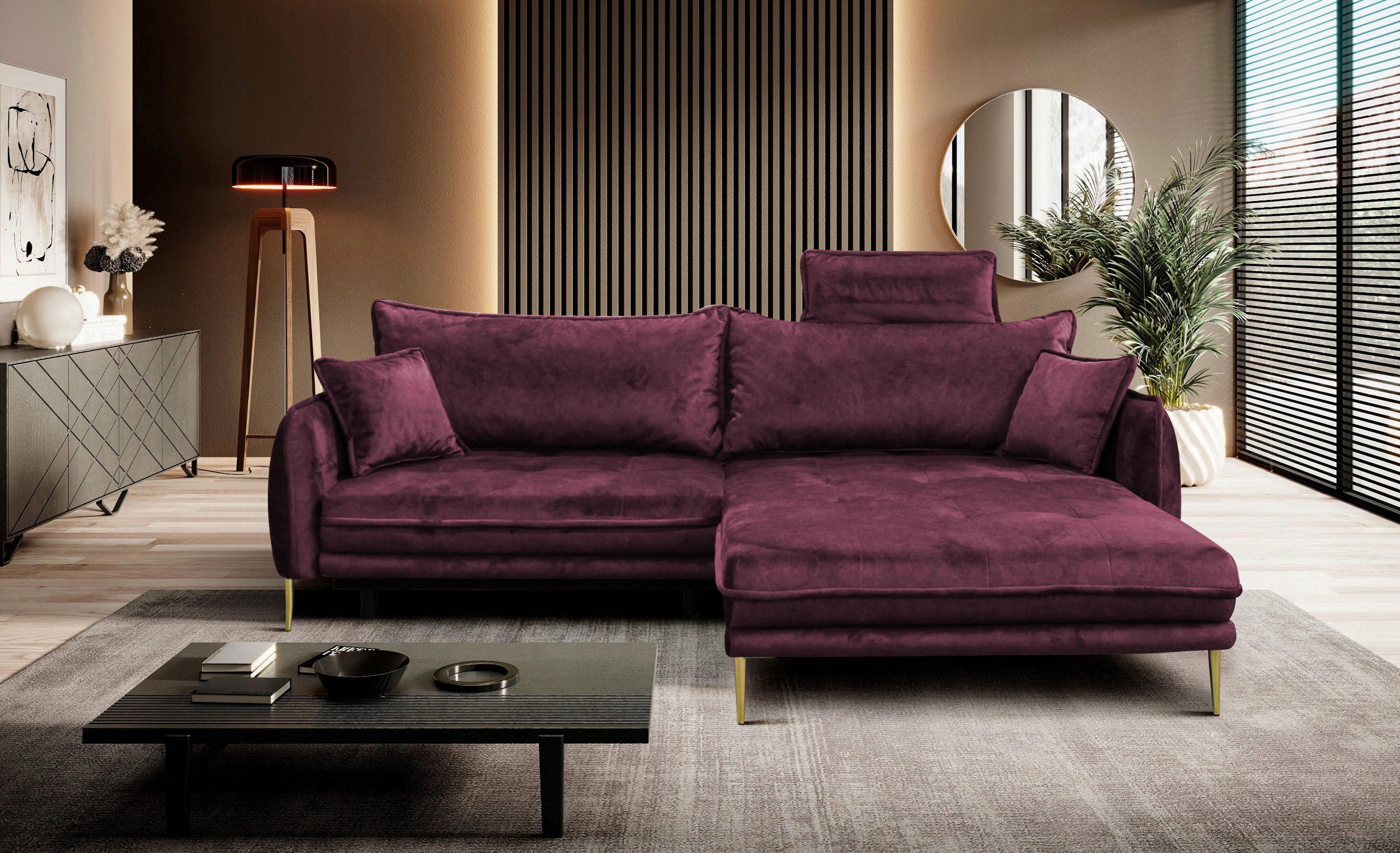 ECKSOFA  in Velours Weinrot  264/196 cm  - Weinrot/Goldfarben, Design, Textil/Metall (264/196cm) - MID.YOU