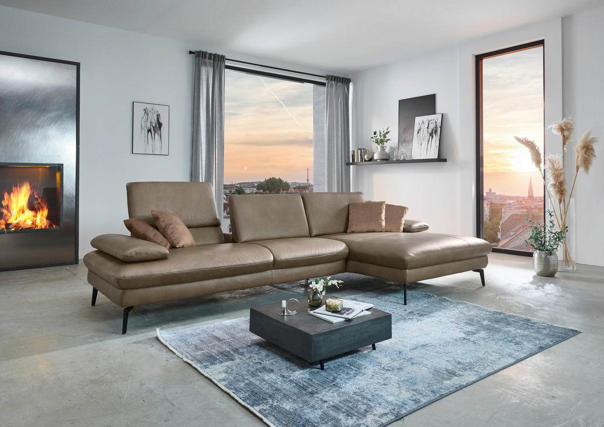 ECKSOFA in Echtleder Graubraun  - Graubraun/Schwarz, Design, Leder/Metall (157/325cm) - Dieter Knoll
