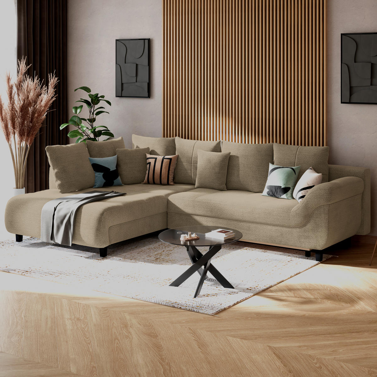 ECKSOFA MENDOZA NEW Beige Chenille, Struktur Zierkissen, Rückenkissen, Bettkasten  - Beige/Schwarz, KONVENTIONELL, Textil (197/309cm) - MID.YOU
