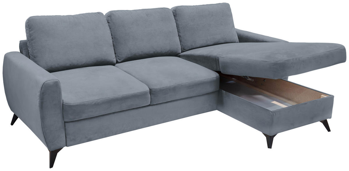ECKSCHLAFSOFA JEFFREY Mikrovelours Grau  inkl. Zierkissen, Rückenkissen, Stauraum  - Dunkelgrau/Schwarz, KONVENTIONELL, Textil/Metall (230/150cm) - Livetastic