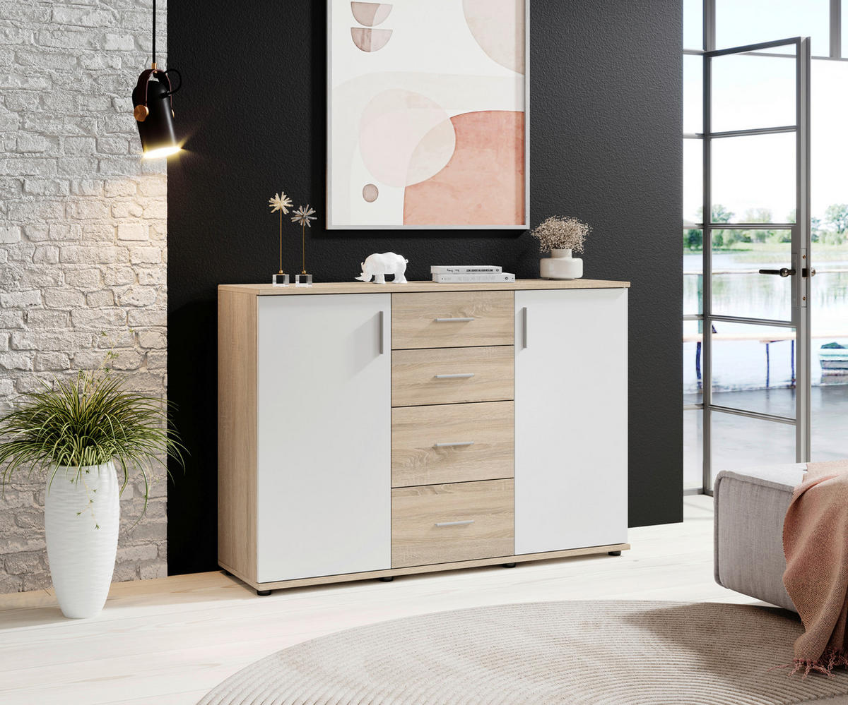 KOMMODE 120/82/35 cm  in Weiß, Sonoma Eiche  - Silberfarben/Schwarz, Design, Holzwerkstoff/Kunststoff (120/82/35cm) - Carryhome