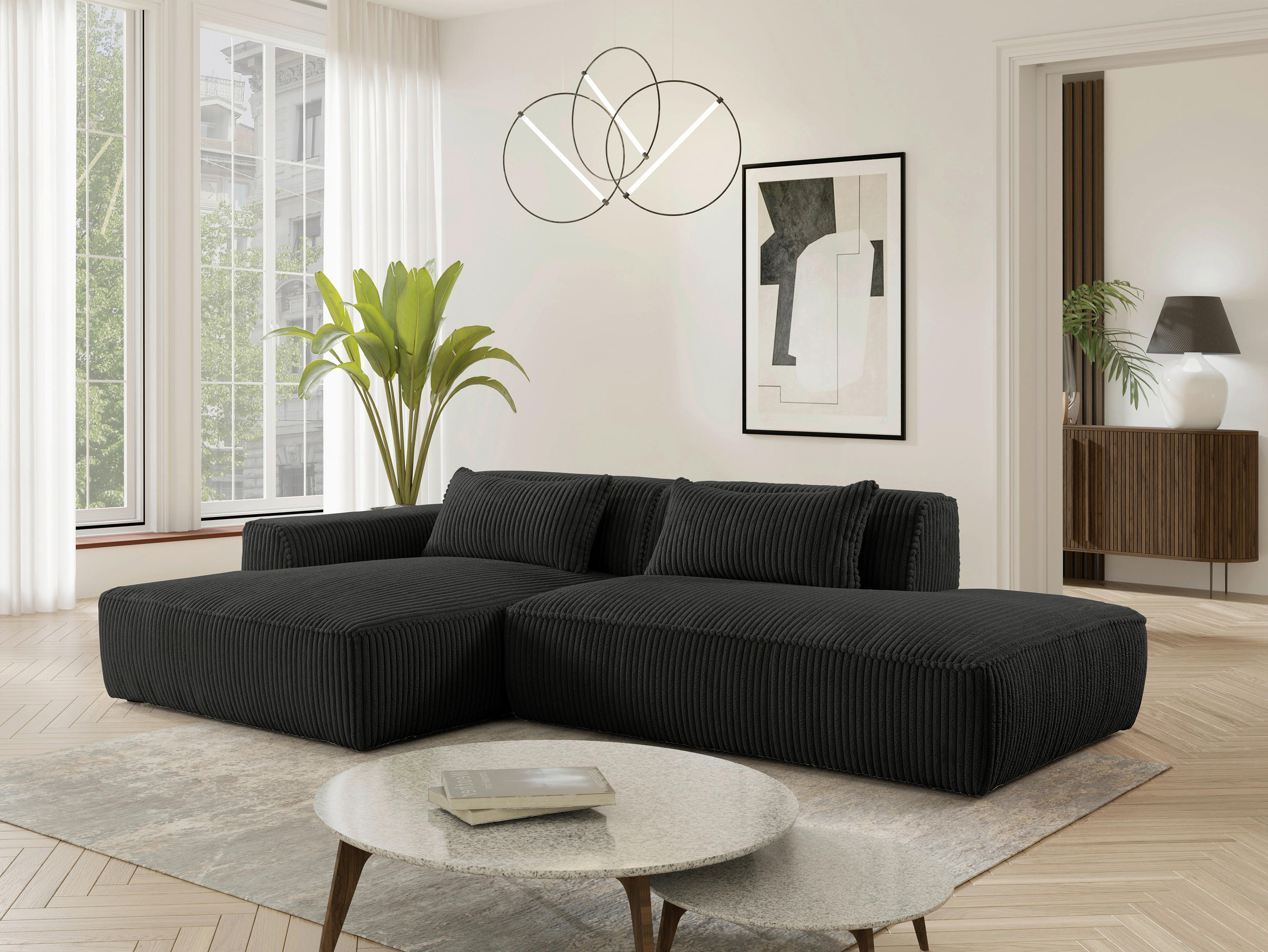 ECKSOFA BILLUND Schwarz Cord Nierenkissen  - Schwarz, KONVENTIONELL, Kunststoff/Textil (294/165cm) - Livetastic