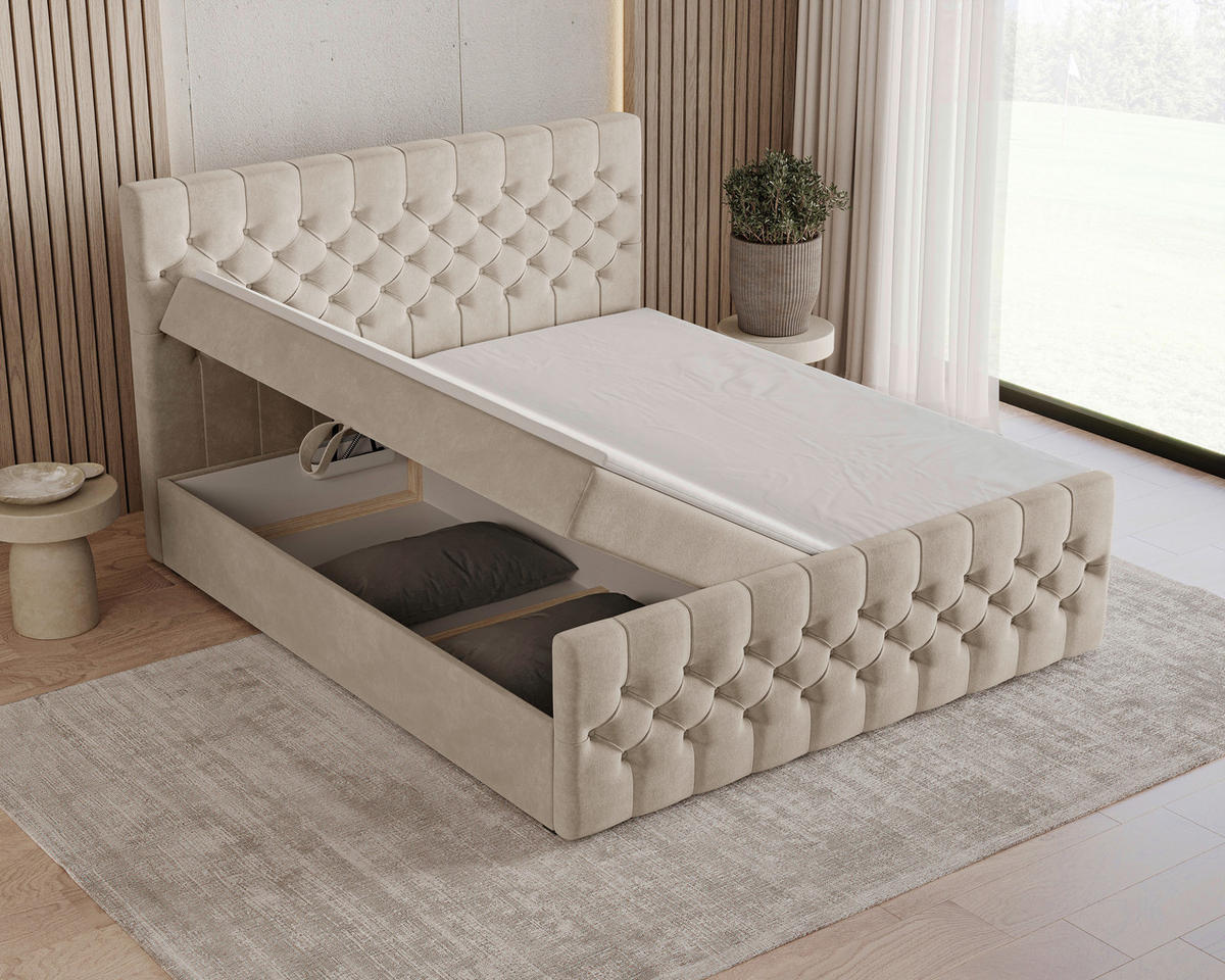 BOXBETT 180/200 cm,  in Beige, Matratze, Topper, H3 = fest  - Beige/Schwarz, KONVENTIONELL, Holz/Kunststoff (180/200cm) - Chameo