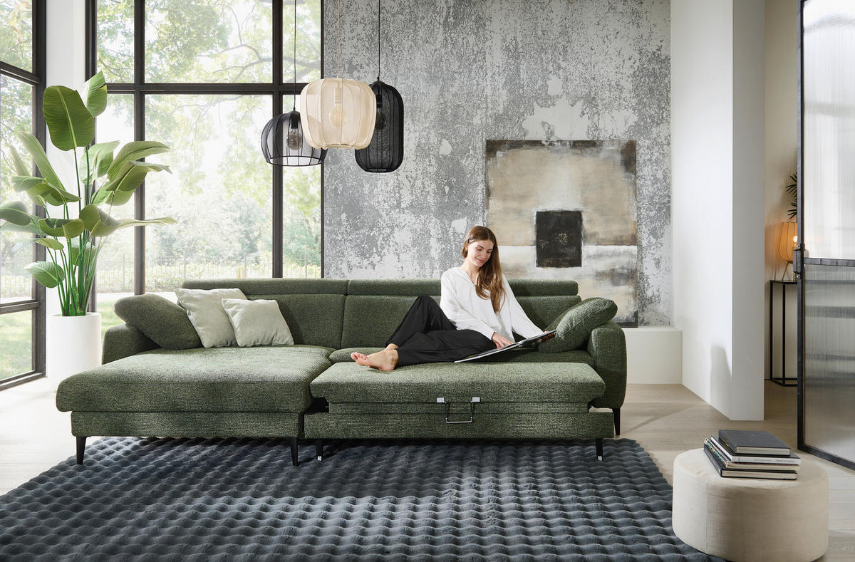 ECKSOFA Grün Chenille  - Schwarz/Grün, KONVENTIONELL, Textil/Metall (177/300cm) - Valdera