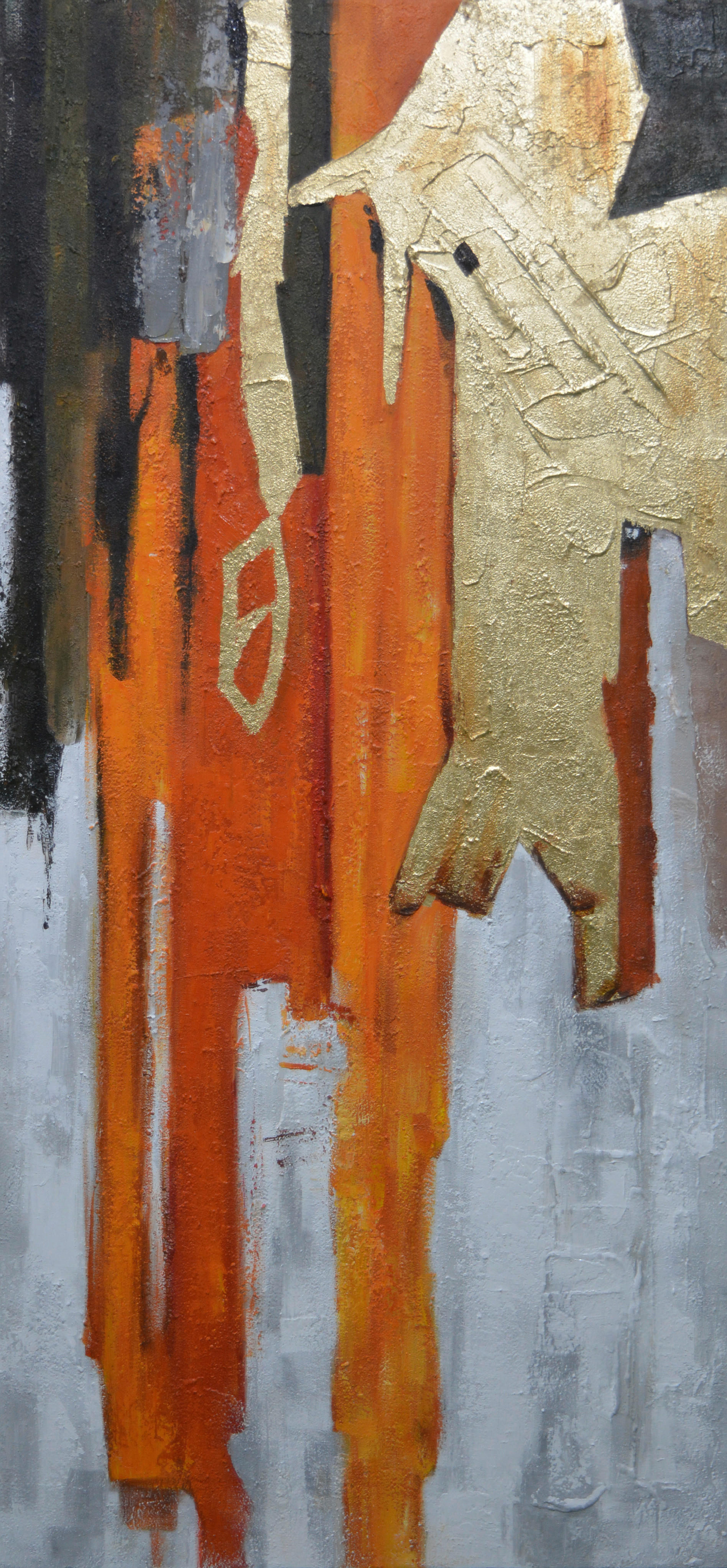 Monee OLEJOMAĽBA, abstraktné, 150/70 cm - sivá, oranžová, čierna, zlatá