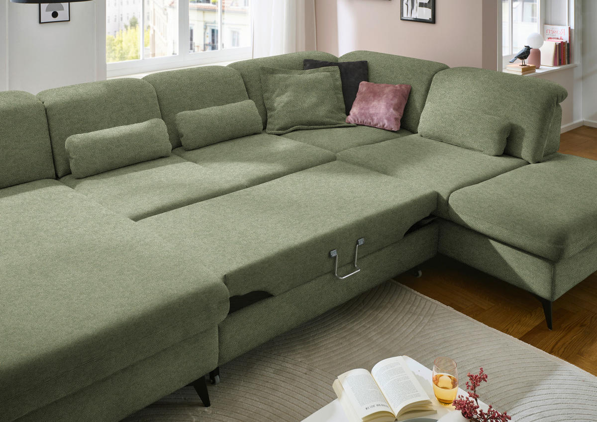 WOHNLANDSCHAFT  in Chenille Olivgrün  - Schwarz/Olivgrün, Design, Textil/Metall (198/369/255cm) - Beldomo Style