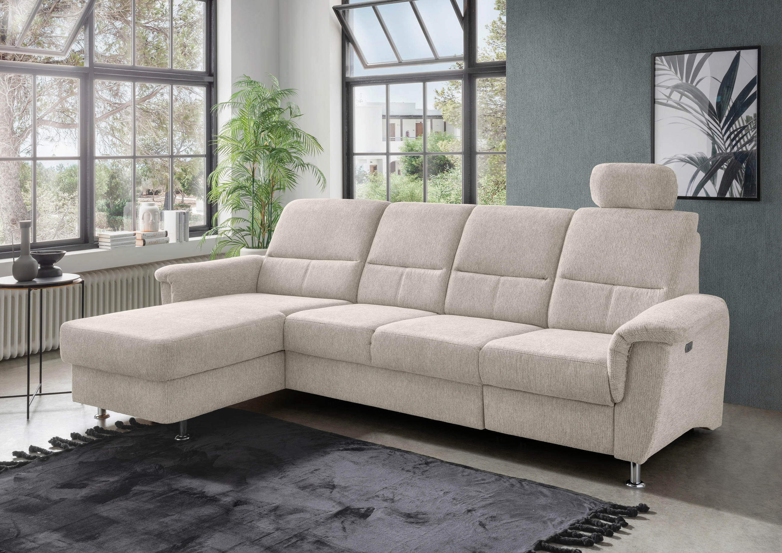 ECKSOFA Beige Chenille  - Chromfarben/Beige, KONVENTIONELL, Textil/Metall (165/292cm) - Livetastic