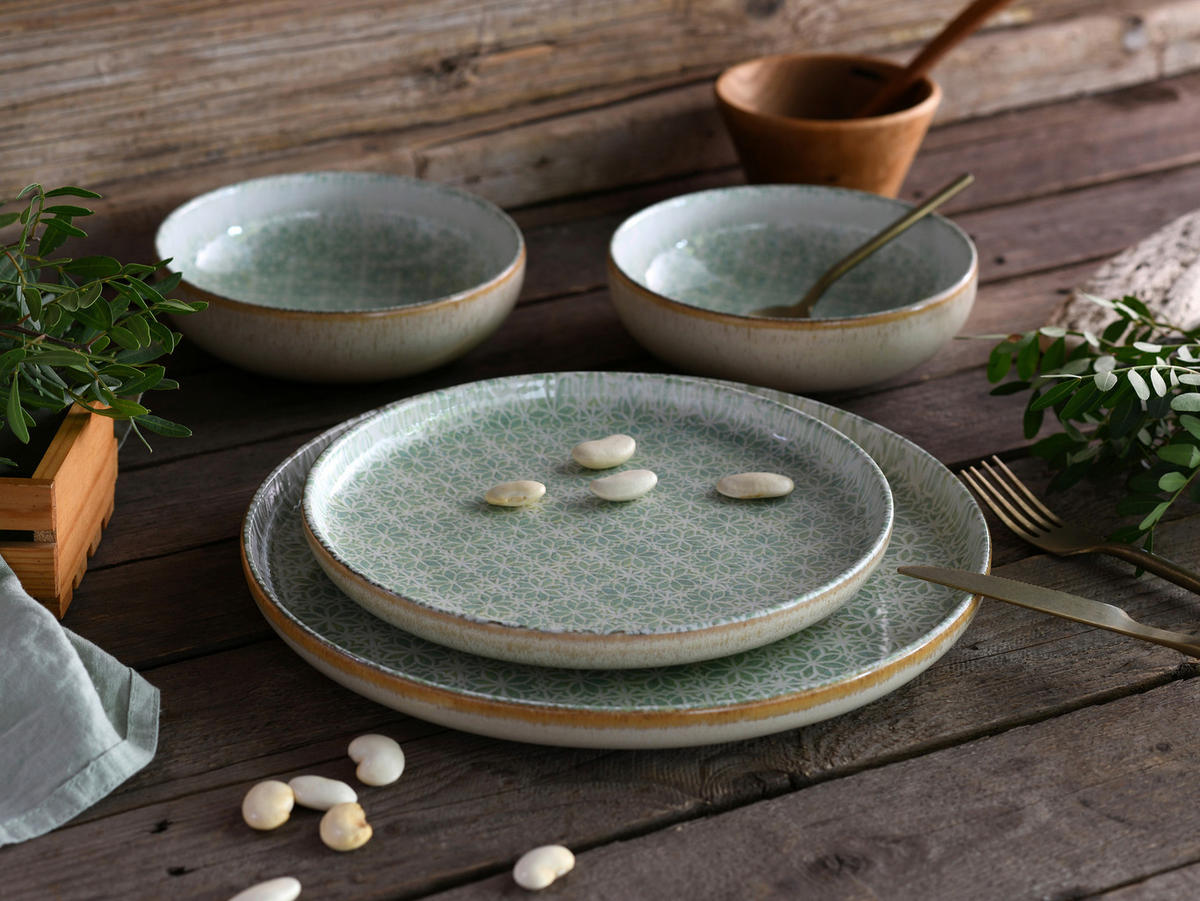 JEDÁLENSKÝ SERVIS, kamenina - krémová/zelená, Basics, keramika - Creatable