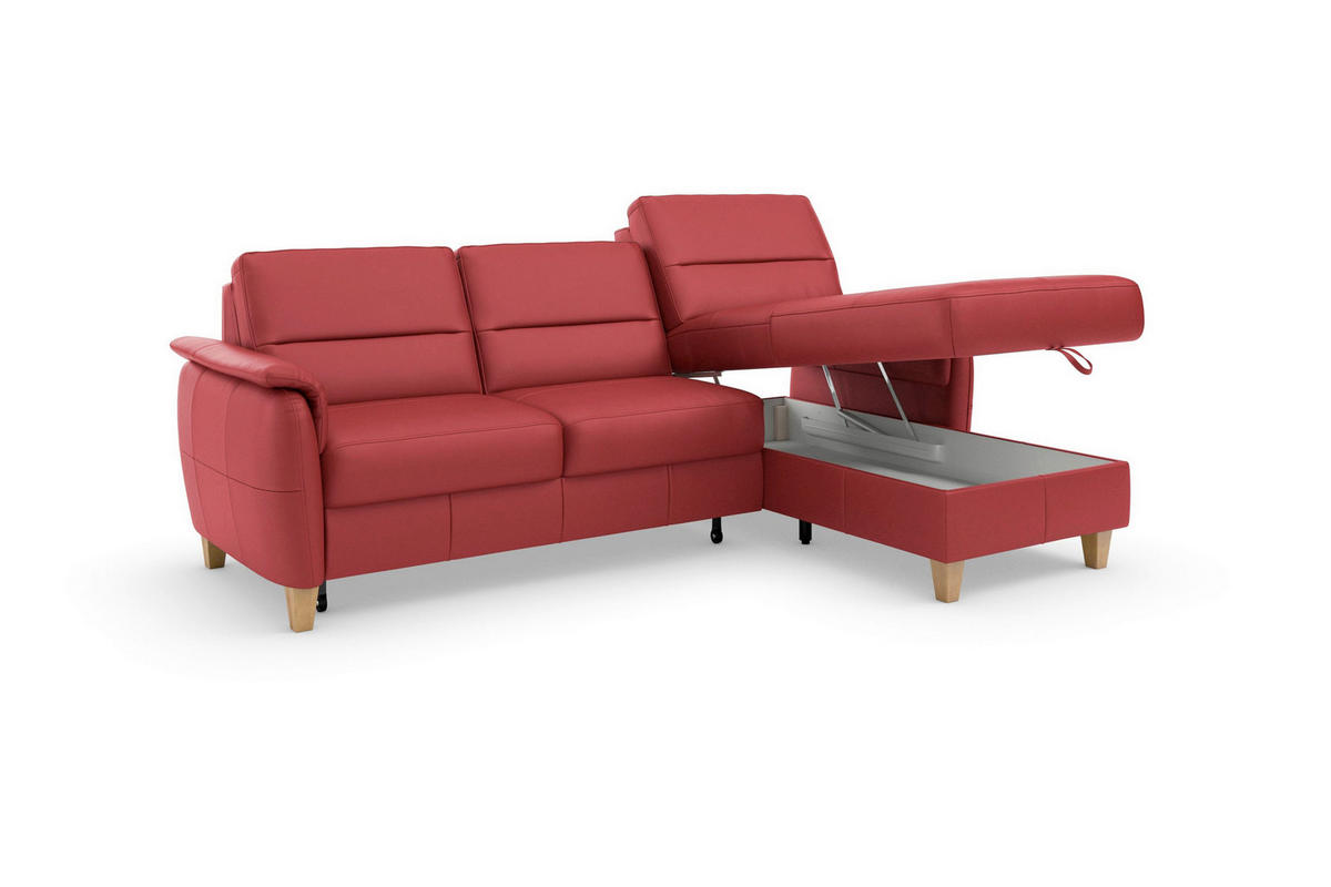 ECKSOFA PALMERA E Rot Kombination Echtleder/Stoff Mikrofaser Bettkasten  - Eichefarben/Rot, Basics, Leder/Holz (244/163cm) - Sit & More