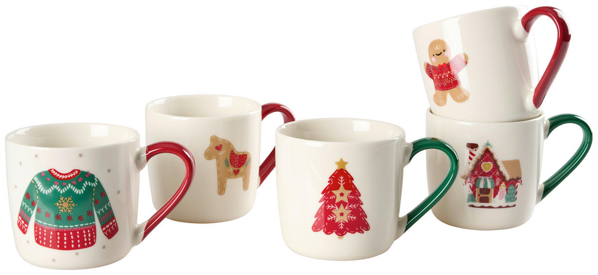 KAFFEEBECHER  320 ml   - Rot/Weiß, Basics, Keramik - X-Mas