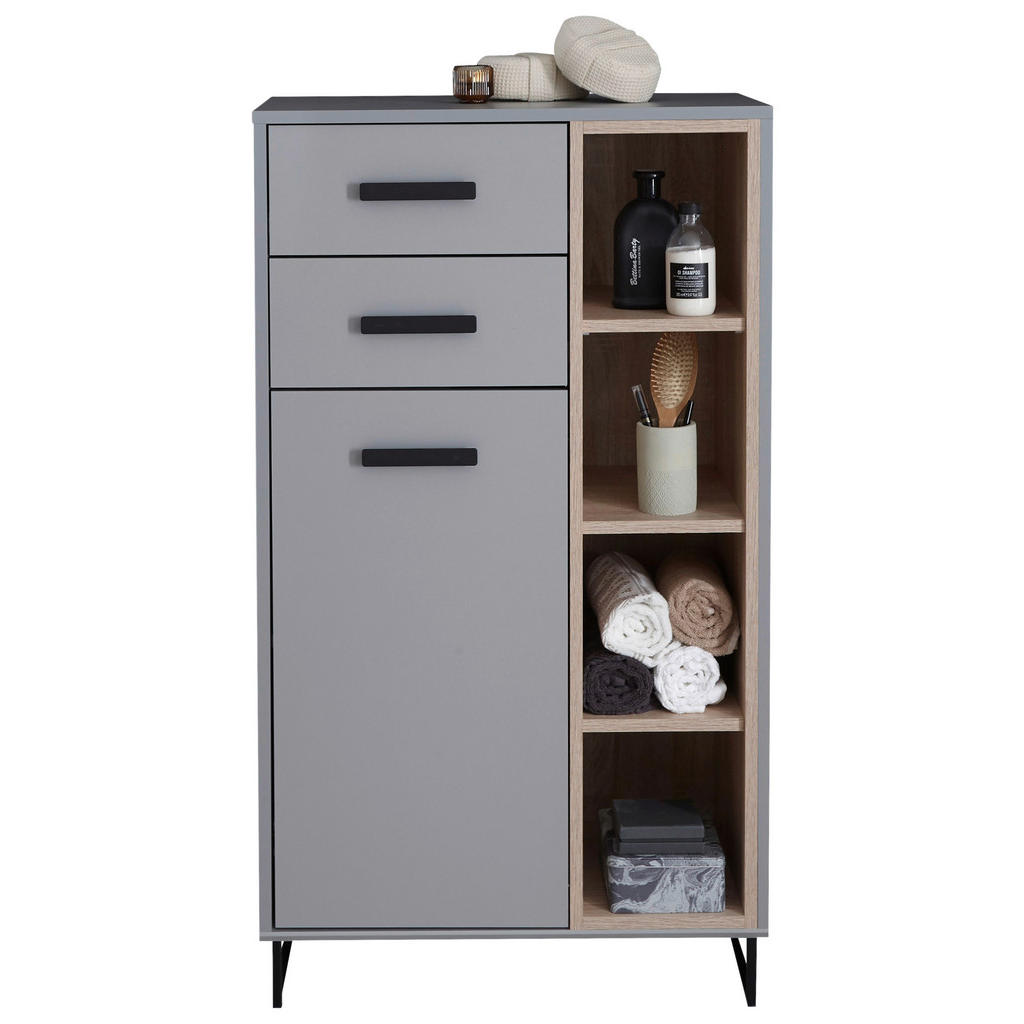 Thumbnail - home24 Midischrank, Grau, Sonoma Eiche, Kunststoff, 4 Fächer, 2 Schubladen, 65x116x38 cm, Made in EU, stehend, Badezimme...
