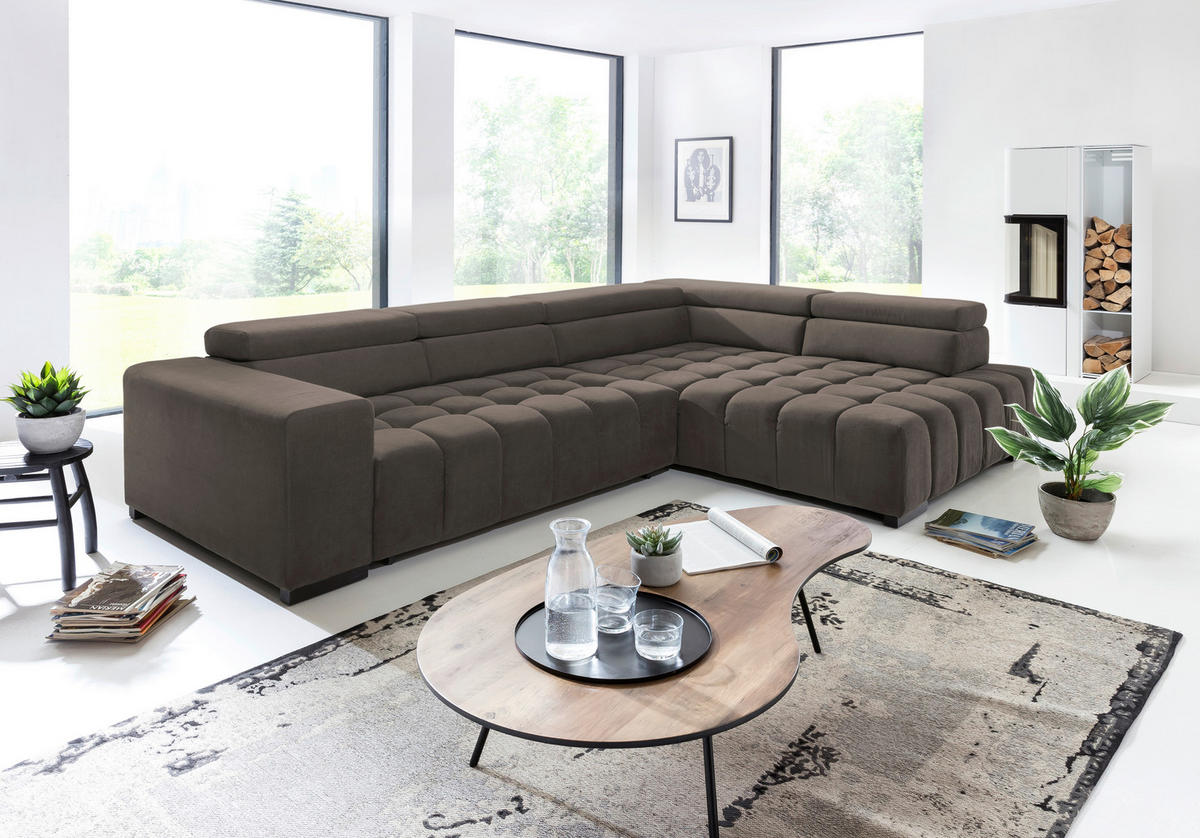 ECKSCHLAFSOFA in Braun Textil   - Schwarz/Braun, Design, Holz/Textil (307/201cm) - Livetastic