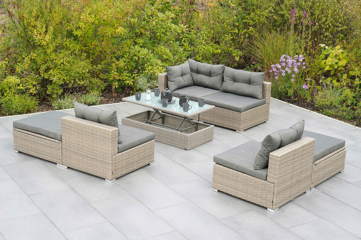 LOUNGEGARNITUR 7-teilig   Stahl  - Naturfarben/Grau, MODERN, Glas/Kunststoff - Gardenson