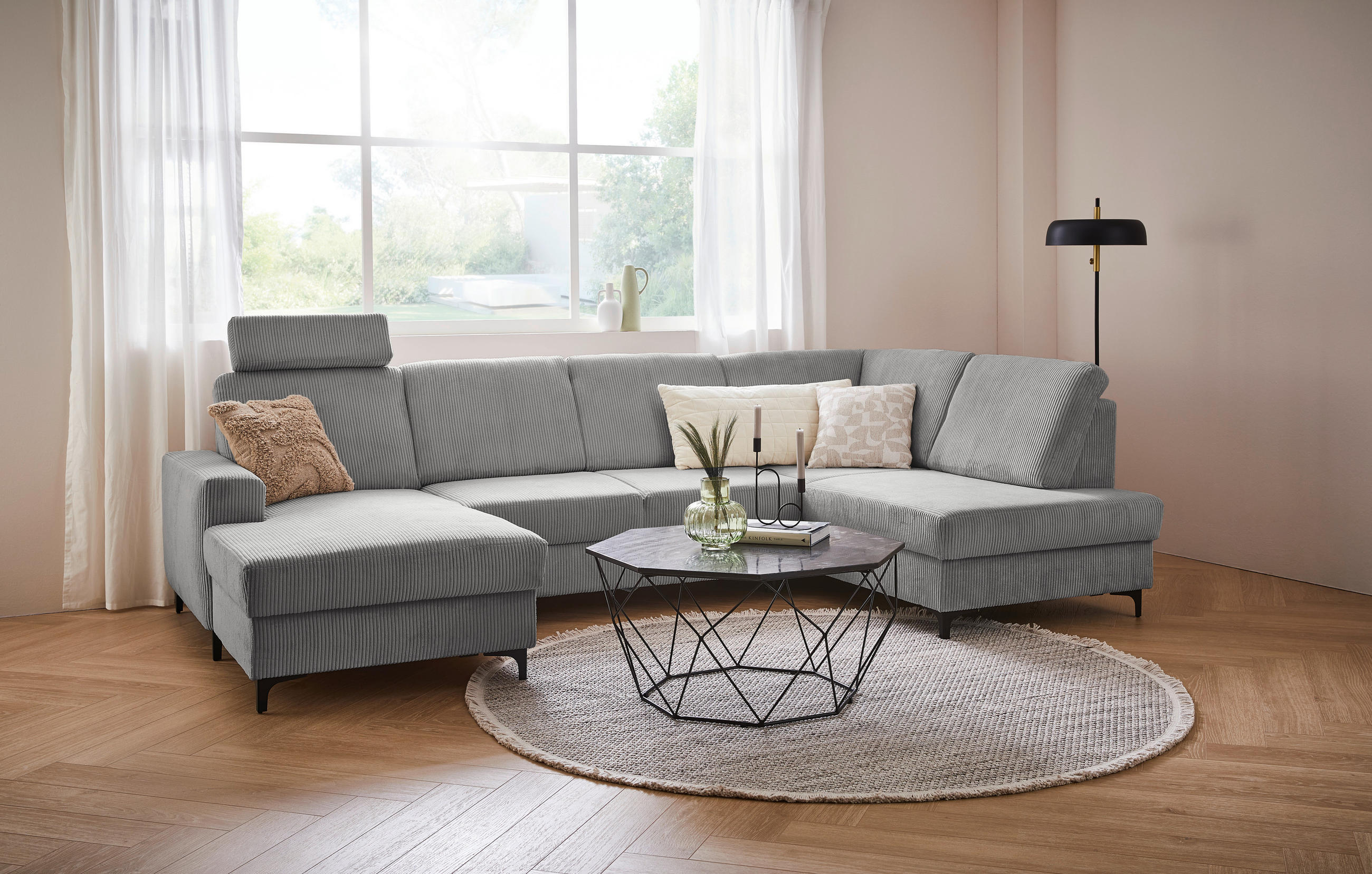 Thumbnail - Stylife Wohnlandschaft, Grau, Textil, 4-Sitzer, Ottomane rechts, U-Form, 317x185 cm, Made in EU, Rücken echt, Wohnzimmer...