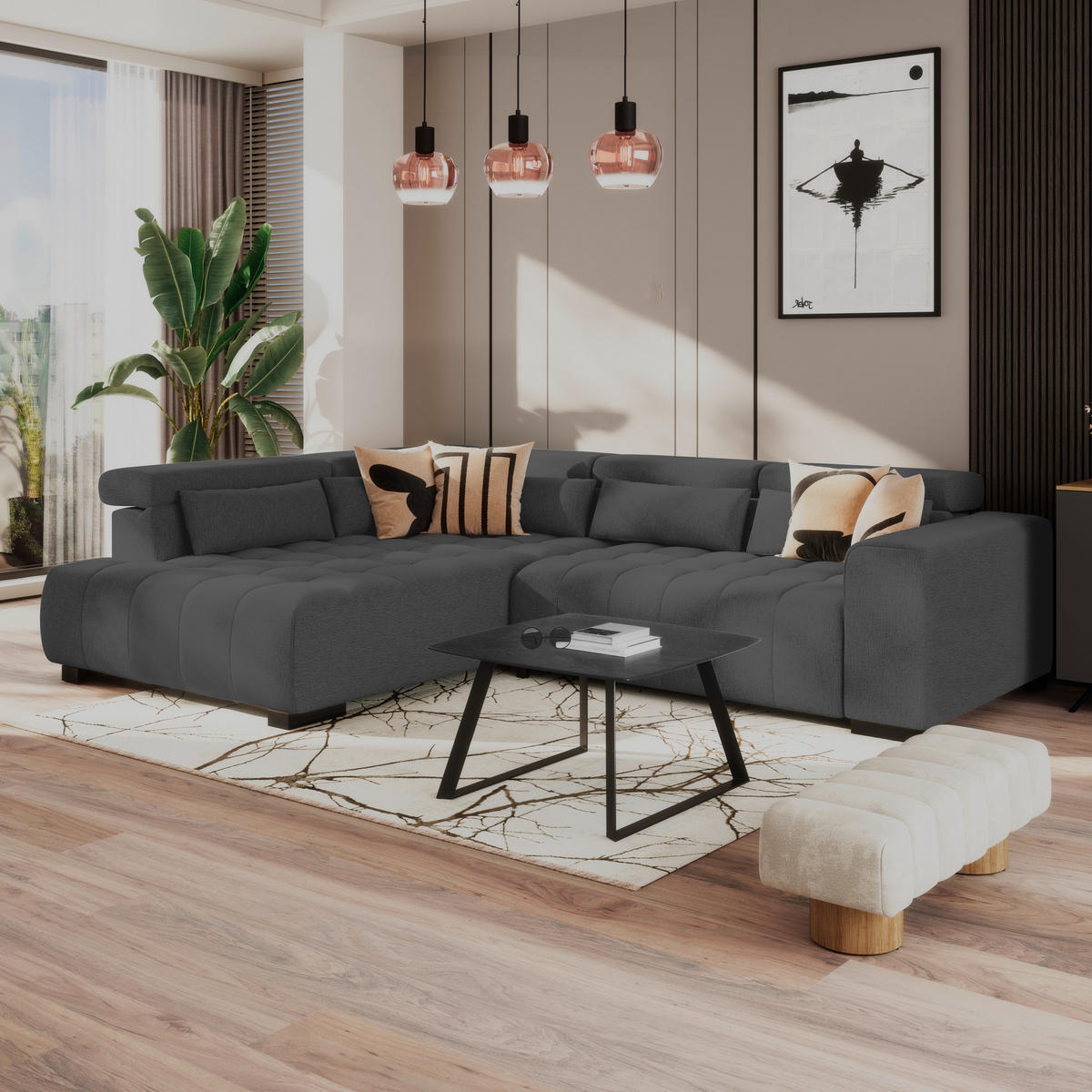 ECKSOFA MATERA Graphitfarben Chenille, Struktur Nierenkissen, Kopfteilverstellung, Sitzvorzug  - Schwarz/Graphitfarben, Trend, Holz/Textil (226/311cm) - MID.YOU
