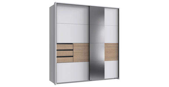 SCHWEBETÜRENSCHRANK  in Weiß, Eichefarben  - Eichefarben/Schwarz, KONVENTIONELL, Glas/Holzwerkstoff (180/198/65cm) - Carryhome