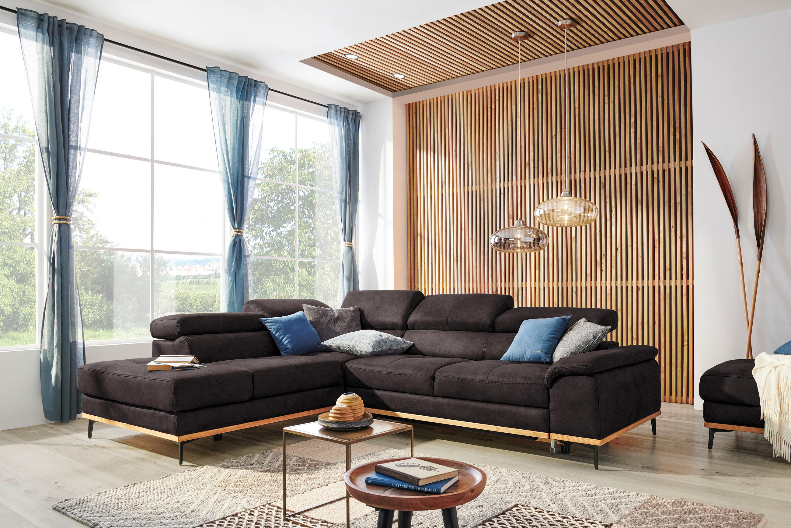 ECKSOFA in Lederlook Anthrazit  - Anthrazit/Schwarz, Natur, Holz/Textil (226/282cm) - Novel
