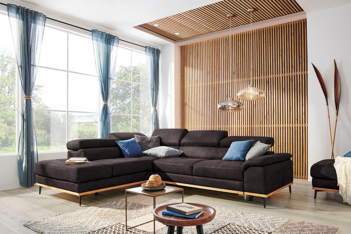 ECKSOFA in Lederlook Anthrazit  - Anthrazit/Schwarz, Natur, Holz/Textil (226/282cm) - Novel