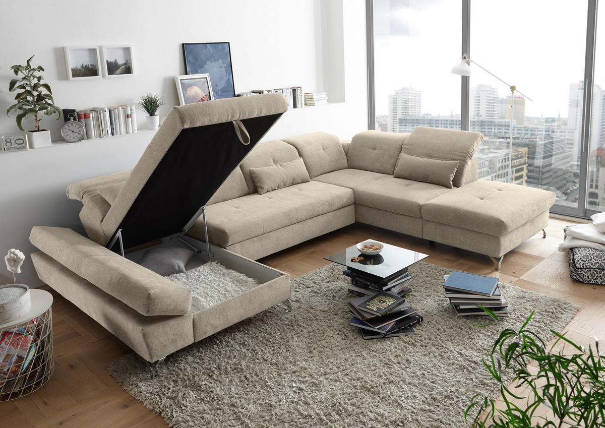 WOHNLANDSCHAFT Sandfarben Mikrovelours  - Sandfarben/Silberfarben, MODERN, Textil/Metall (168/350/245cm) - MID.YOU