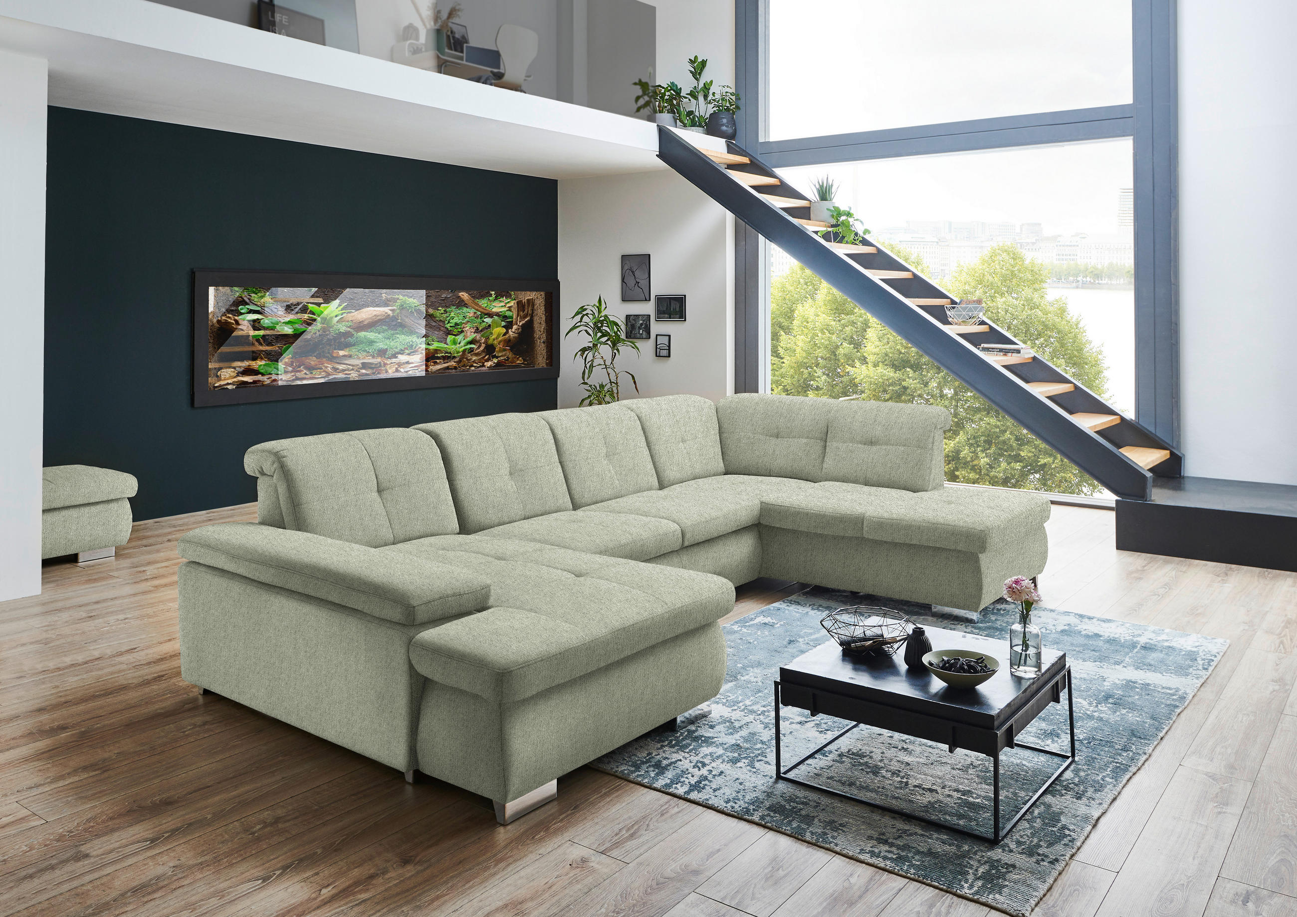 WOHNLANDSCHAFT Grün Webstoff - Schwarz/Grün, Design, Textil/Metall (174/337/210cm) - Beldomo Style